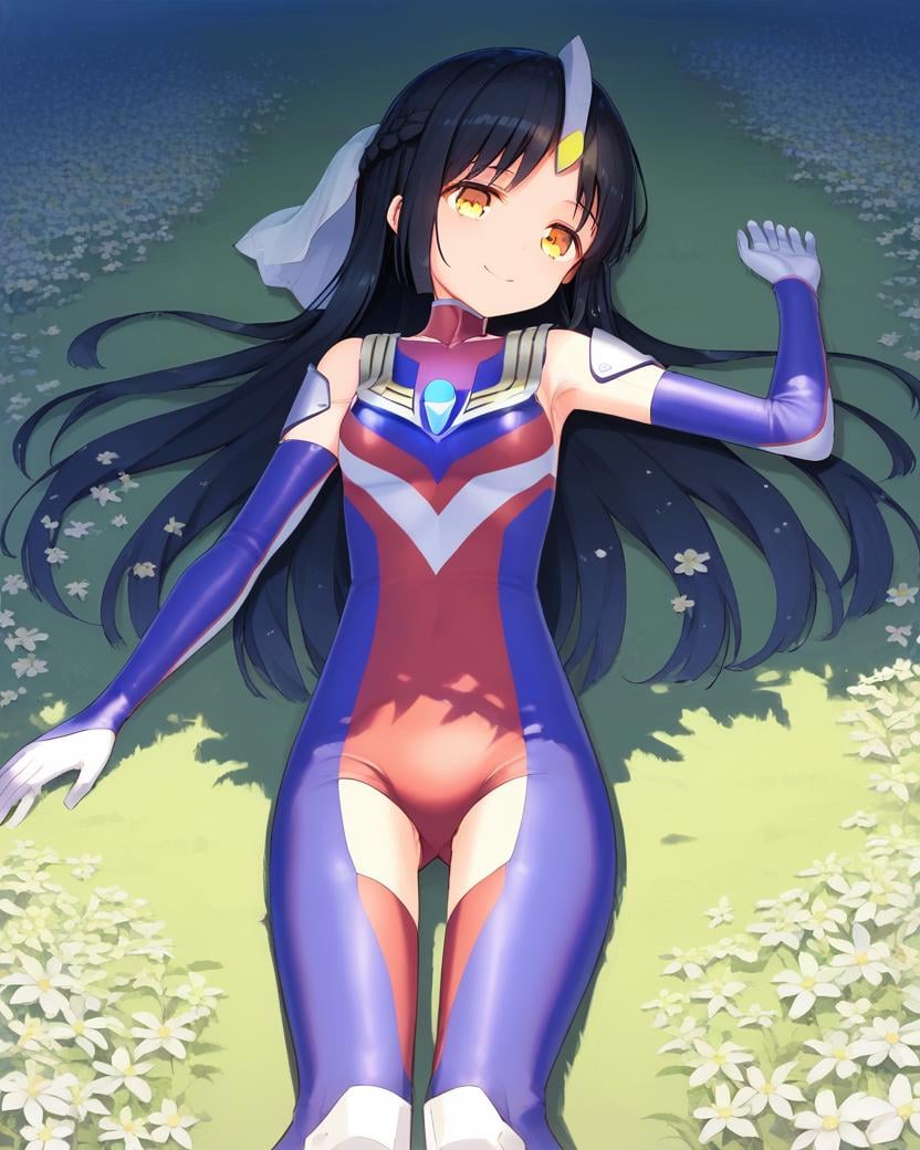 <lora:ultragirl_tiga_v1.1:1>,tiga,headgear,long hair,black hair,braid,yellow eyes,small veil,blue chest jewel,silver chest jewel,multicolored bodysuit,elbow gloves,1girl,solo,sitting,on ground,leaning back,arm support,outdoors,grasslands,flower field,smile,, score_9,score_8_up,score_7_up,source_anime,best quality,masterpiece,uncensored,detailed eyes,