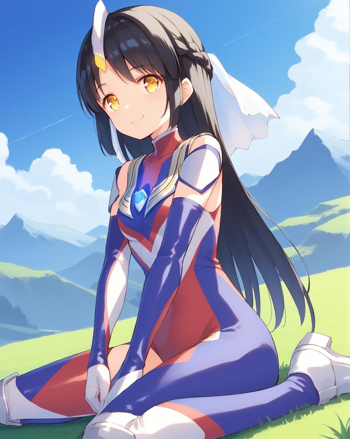 <lora:ultragirl_tiga_v1.1:1>,tiga,headgear,long hair,black hair,braid,yellow eyes,small veil,blue chest jewel,silver chest jewel,multicolored bodysuit,elbow gloves,1girl,solo,sitting,on ground,arm support,mountain,outdoors,grass,smile,, score_9,score_8_up,score_7_up,source_anime,best quality,masterpiece,uncensored,detailed eyes,