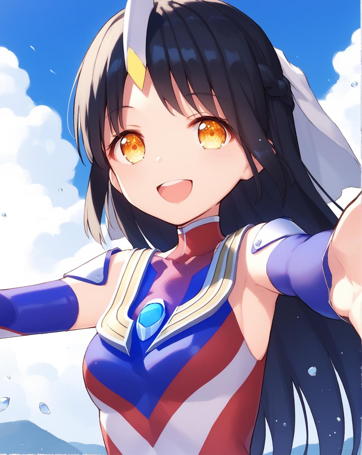 <lora:ultragirl_tiga_v1.1:1>,tiga,headgear,long hair,black hair,braid,yellow eyes,small veil,blue chest jewel,silver chest jewel,multicolored bodysuit,elbow gloves,1girl,solo,falling,outstretched arms,outstretched hand,reaching towards viewer,sky,smile,open mouth,, score_9,score_8_up,score_7_up,source_anime,best quality,masterpiece,uncensored,detailed eyes,