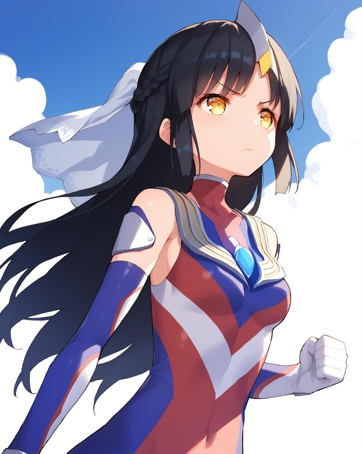 <lora:ultragirl_tiga_v1.1:1>,tiga,headgear,long hair,black hair,braid,yellow eyes,small veil,blue chest jewel,silver chest jewel,multicolored bodysuit,elbow gloves,1girl,solo,standing,clenched hands,looking up,arms at sides,sky,serious,, score_9,score_8_up,score_7_up,source_anime,best quality,masterpiece,uncensored,detailed eyes,