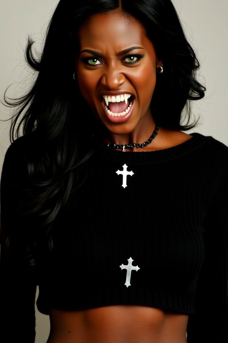  A close-up portrait of a African American woman with a fierce expression, her mouth open with visible Vampire Fang 3 , Her eyes are a striking shade of green, and her skin is a warm brown tone. She has long black hair that cascades down her shoulders. The woman is wearing a black sweater with a metal cross on the top side and another located at the abdomen.    The background is blurred, emphasizing the subject 