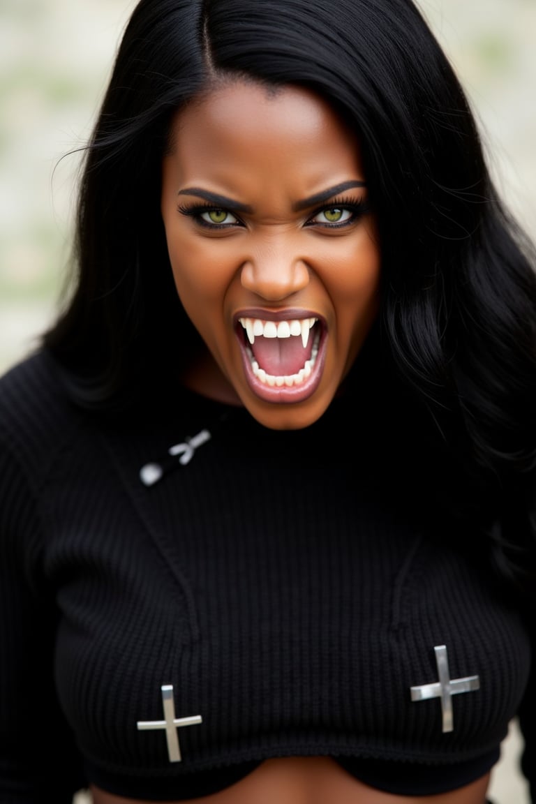  A close-up portrait of a African American woman with a fierce expression, her mouth open with visible Vampire Fang UA , Her eyes are a striking shade of green, and her skin is a warm brown tone. She has long black hair that cascades down her shoulders. The woman is wearing a black sweater with a metal cross on the top side and another located at the abdomen.    The background is blurred, emphasizing the subject 