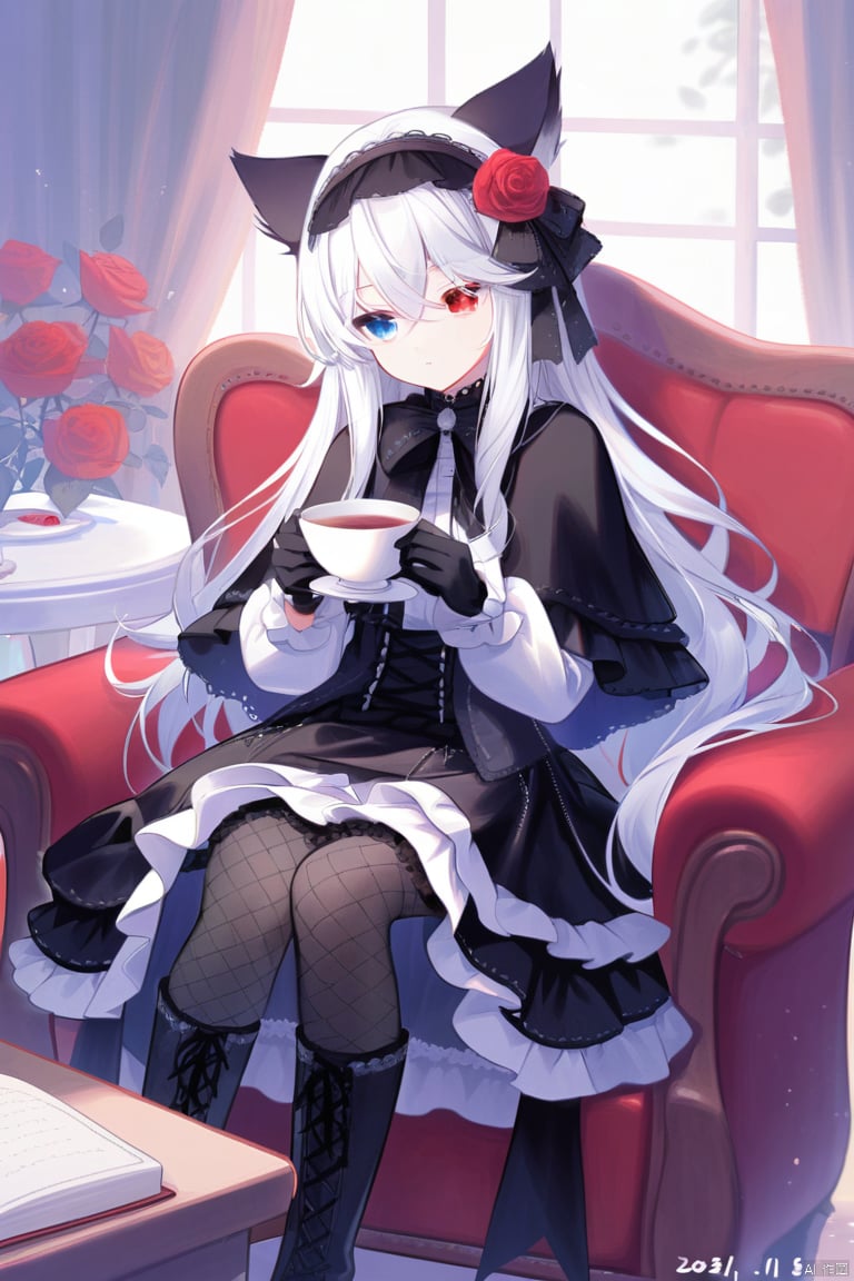 1girl, solo, heterochromia, cup, flower, long hair, boots, book, dress, blue eyes, animal ears, sitting, rose, lolita fashion, white hair, red flower, gloves, gothic lolita, pantyhose, holding, red eyes, red rose, black footwear, black dress, hair flower, knee boots, frills, hair ornament, cat ears, armchair, black gloves, holding cup, long sleeves, couch, capelet, dated, hair between eyes, hairband, fishnets, frilled dress, black capelet, teacup