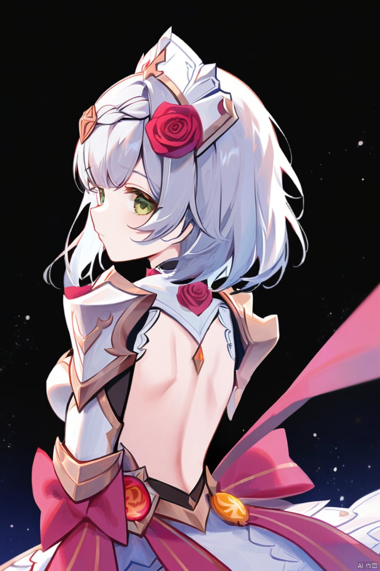 1girl, noelle \(genshin impact\), solo, rose, flower, short hair, from behind, red rose, green eyes, red flower, looking at viewer, hair ornament, back, braid, hair flower, vision \(genshin impact\), black background, armor, back focus, looking back, gauntlets, shoulder blades, grey hair