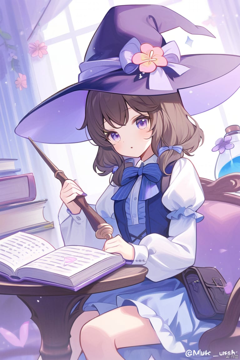 1girl, solo, witch hat, book, flower, hat, dress, purple eyes, holding, long sleeves, indoors, wand, pink flower, puffy long sleeves, blue dress, open book, purple flower, bow, hat flower, puffy sleeves, sitting, blush, flask, twitter username, holding wand, parted lips, brown hair, looking at viewer, witch