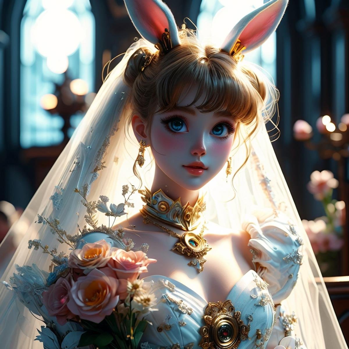 <lora:Doraemon_Gandam_Suit:1>soflight,bokeh,sailor moon,mecha suit,mecha rabbit ear (church:1.5),(wedding dress:1.5),(bouquet:1.5),smile,Exquisite Face, (Highly detailed face 1.2), highly detailed skin, skin pores, subsurface scattering, realistic pupils, high detail face, (highly detail eyes:1.2), full face blush, full lips, detailed background, Depth of Field, volumetric light, crisp focus, Absurd, realistic proportions, good anatomy, (Realistic, hyperrealistic:1.4), HDR 16K,