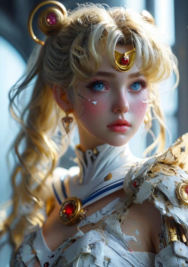 nomal angle shot,soft light, <lora:Doraemon_Gandam_Suit:1>,sailor moon,torn cloth,mecha suit,white dress,Exquisite Face, (Highly detailed face 1.2), highly detailed skin, skin pores, subsurface scattering, realistic pupils, high detail face, (highly detail eyes:1.2), full face blush, full lips, 