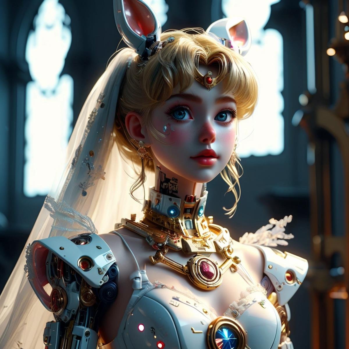 <lora:Doraemon_Gandam_Suit:1>soflight,bokeh,sailor moon,mecha suit,mecha rabbit ear (church:1.5),(wedding dress:1.5),smile,Exquisite Face, (Highly detailed face 1.2), highly detailed skin, skin pores, subsurface scattering, realistic pupils, high detail face, (highly detail eyes:1.2), full face blush, full lips, detailed background, Depth of Field, volumetric light, crisp focus, Absurd, realistic proportions, good anatomy, (Realistic, hyperrealistic:1.4), HDR 16K,