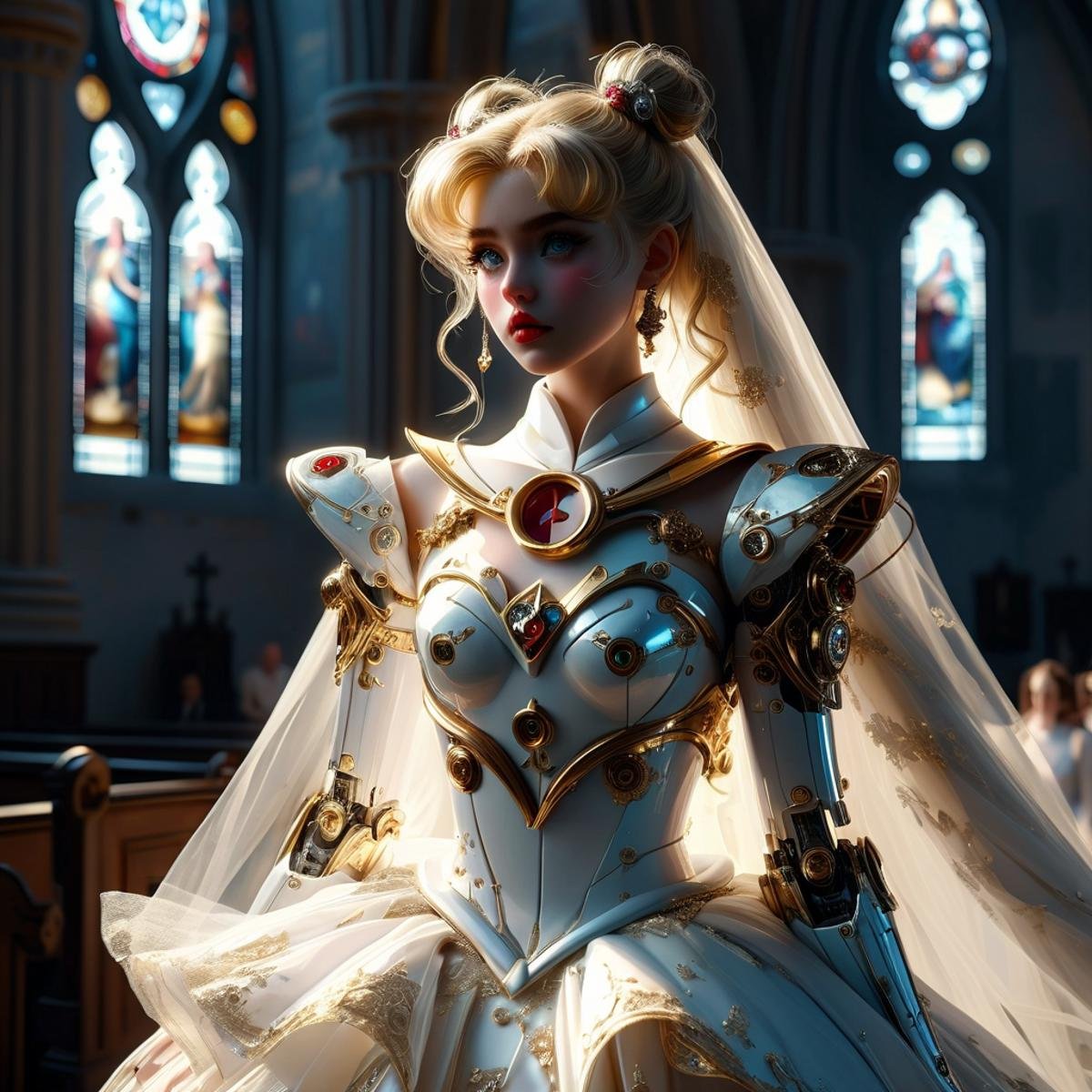 <lora:Doraemon_Gandam_Suit:1>,sailor moon,mecha suit, (church:1.5),(wedding dress:1.5),photorealistic, detailed face, detailed eyes, detailed lips, beautiful woman, hourglass figure, natural lighting, high quality, hyperrealistic, 8k, cinematic, dramatic lighting, chiaroscuro, neoclassical, oil painting,   