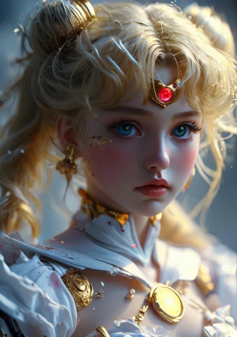 soft light, <lora:Doraemon_Gandam_Suit:1>,sailor moon,torn cloth,mecha suit,white dress,Exquisite Face, (Highly detailed face 1.2), highly detailed skin, skin pores, subsurface scattering, realistic pupils, high detail face, (highly detail eyes:1.2), full face blush, full lips, 