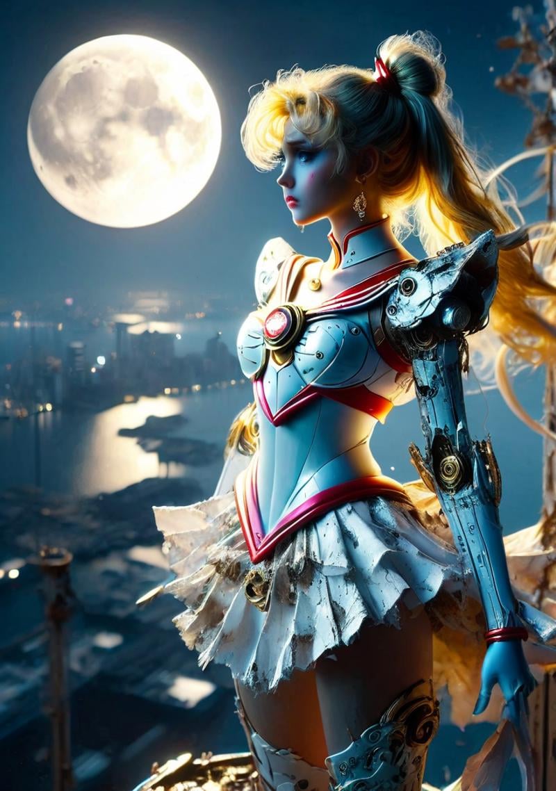 full body,soft light, <lora:Doraemon_Gandam_Suit:1>,sailor moon,torn cloth,mecha suit,white dress,mecha wing,full moon,top of tower,jump out of tower