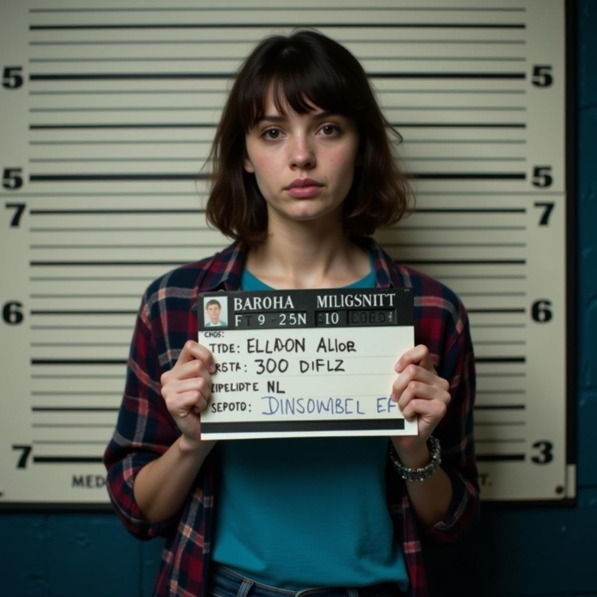 cinematic film still  <lora:deep focus style v1:1> (sharp edges), In deep focus style a young woman holding a mugshot in front of a mugshot wall, sharp, detailed background, cinematic style, f5.6, deep focus style, solo, looking at viewer, short hair, bangs, brown hair, shirt, black hair, long sleeves, holding, pants, english text, plaid, blue shirt, sign, straight-on, plaid shirt, holding sign, 1boy, jewelry, male focus, denim, watch, jeans, realistic, wristwatch, height chart, closed mouth, jacket, black eyes, meme . shallow depth of field, vignette, highly detailed, high budget, bokeh, cinemascope, moody, epic, gorgeous, film grain, grainy