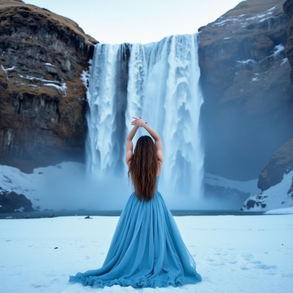 cinematic film still  <lora:deep focus style v1:1> (sharp edges), In deep focus style a woman in an epic snow blue dress standing in front of a frozen waterfall in north pole, sharp, detailed background, cinematic style, f5.6, deep focus style, 1girl, solo, long hair, brown hair, dress, outdoors, arms up, tree, nature, scenery, snow, mountain, stretching, white dress, blue theme, from behind . shallow depth of field, vignette, highly detailed, high budget, bokeh, cinemascope, moody, epic, gorgeous, film grain, grainy