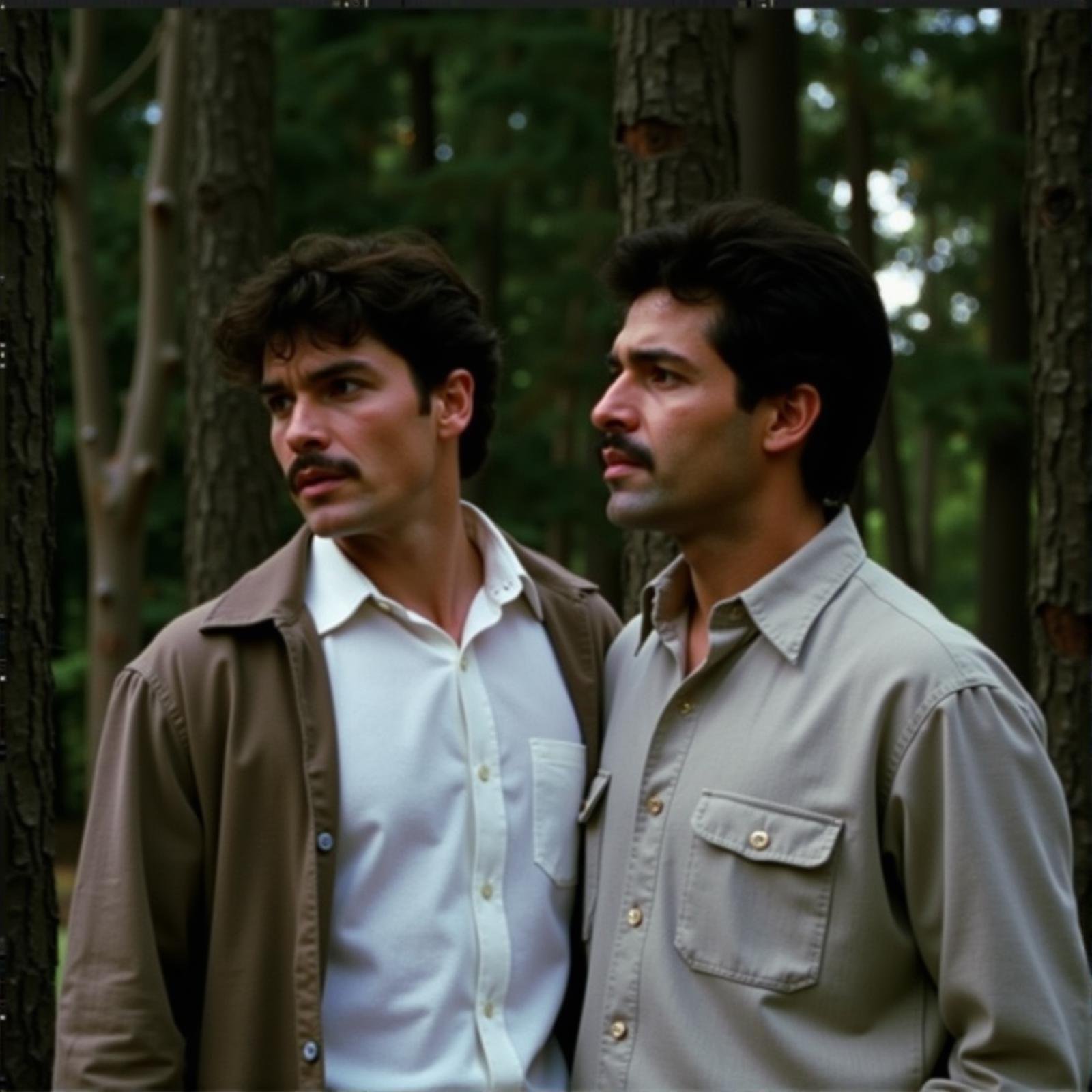 cinematic film still  <lora:deep focus style v1:1> (sharp edges), In deep focus style two men standing next to each other in a forest, sharp, detailed background, cinematic style, f5.6, deep focus style, short hair, shirt, black hair, closed mouth, white shirt, upper body, male focus, outdoors, multiple boys, collared shirt, 2boys, looking at another, tree, dress shirt, facial hair, pocket, realistic, mustache, breast pocket, manly, real life insert, jacket, buttons . shallow depth of field, vignette, highly detailed, high budget, bokeh, cinemascope, moody, epic, gorgeous, film grain, grainy