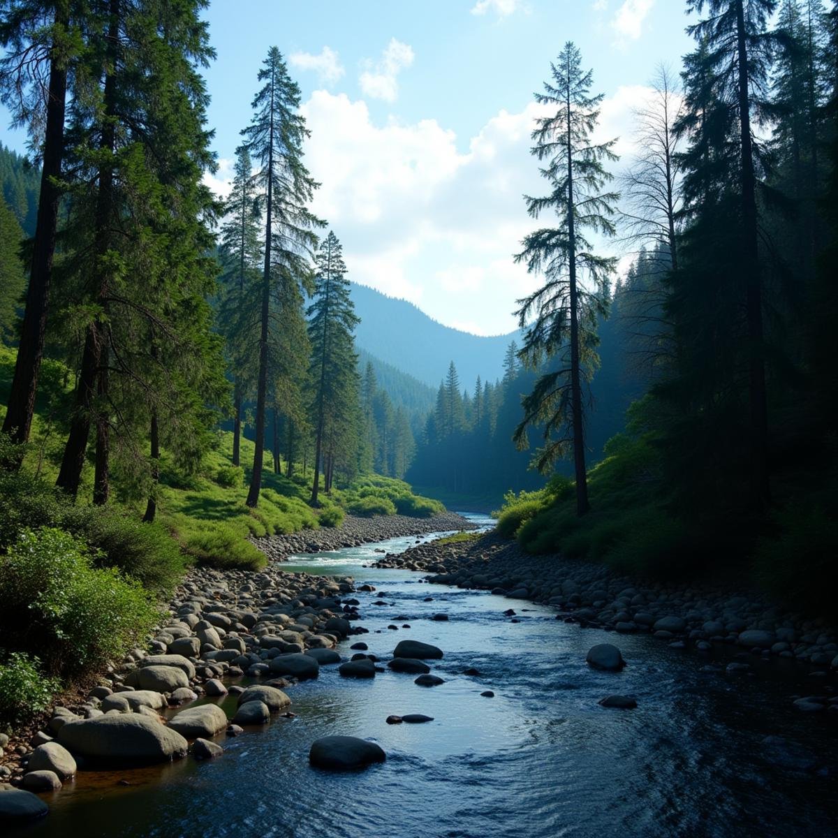 cinematic film still  <lora:deep focus style v1:1> (sharp edges), In deep focus style a river running through a forest filled with trees, sharp, detailed background, cinematic style, f5.6, deep focus style, outdoors, sky, day, water, tree, blue sky, no humans, traditional media, plant, nature, scenery, forest, rock, river, painting (medium) . shallow depth of field, vignette, highly detailed, high budget, bokeh, cinemascope, moody, epic, gorgeous, film grain, grainy