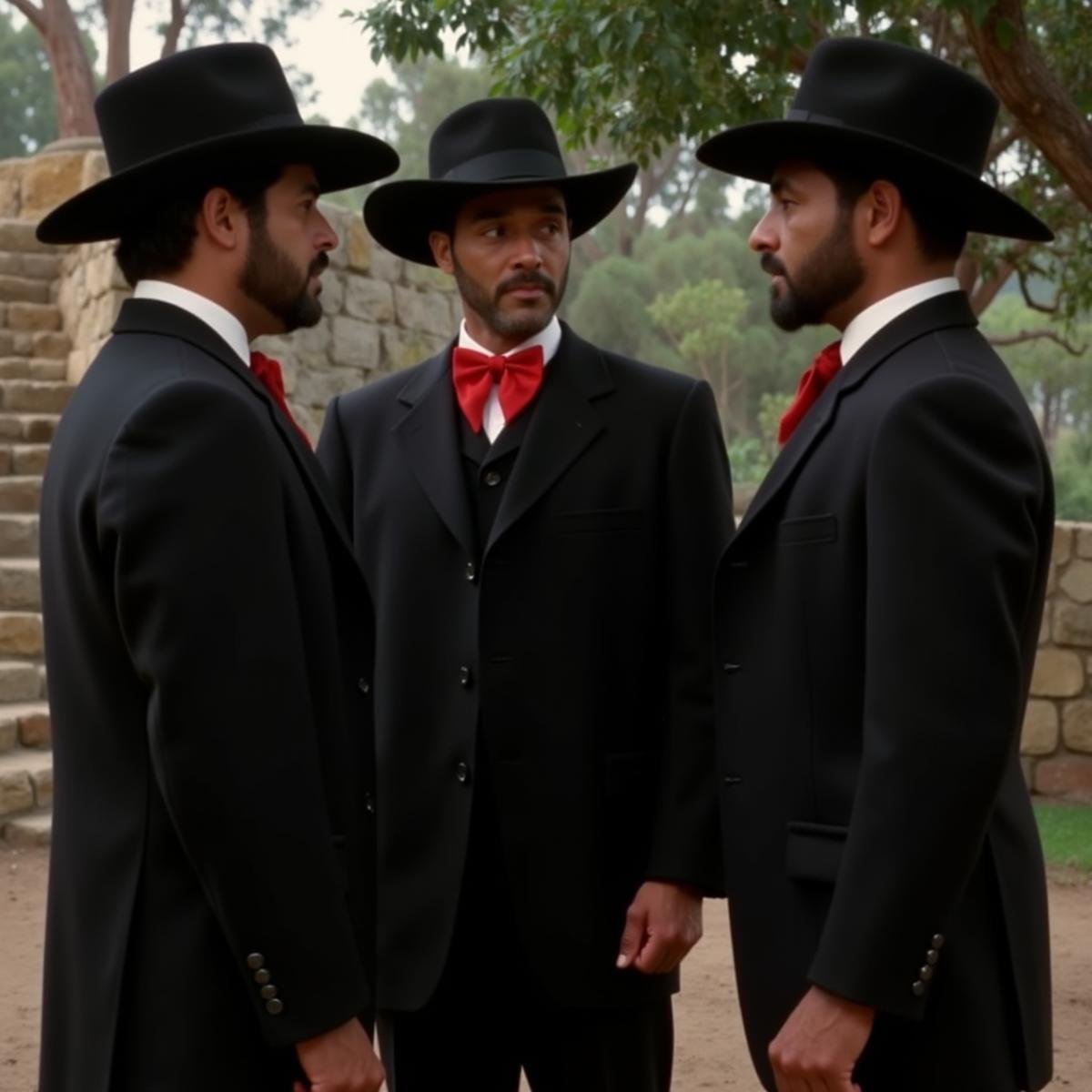 cinematic film still  <lora:deep focus style v1:1> (sharp edges), In deep focus style three western stylmen in suits and hats standing next to each other, sharp, detailed background, cinematic style, f5.6, deep focus style, shirt, hat, bow, male focus, multiple boys, dark skin, bowtie, red bow, facial hair, formal, 3boys, suit, clenched hand, red bowtie, beard, clenched hands, top hat, stairs, realistic, mustache, old, traditional bowtie, long sleeves, white shirt, outdoors, tree, coat, black jacket, jacket, pants, looking at another, black pants, fedora, photo background . shallow depth of field, vignette, highly detailed, high budget, bokeh, cinemascope, moody, epic, gorgeous, film grain, grainy