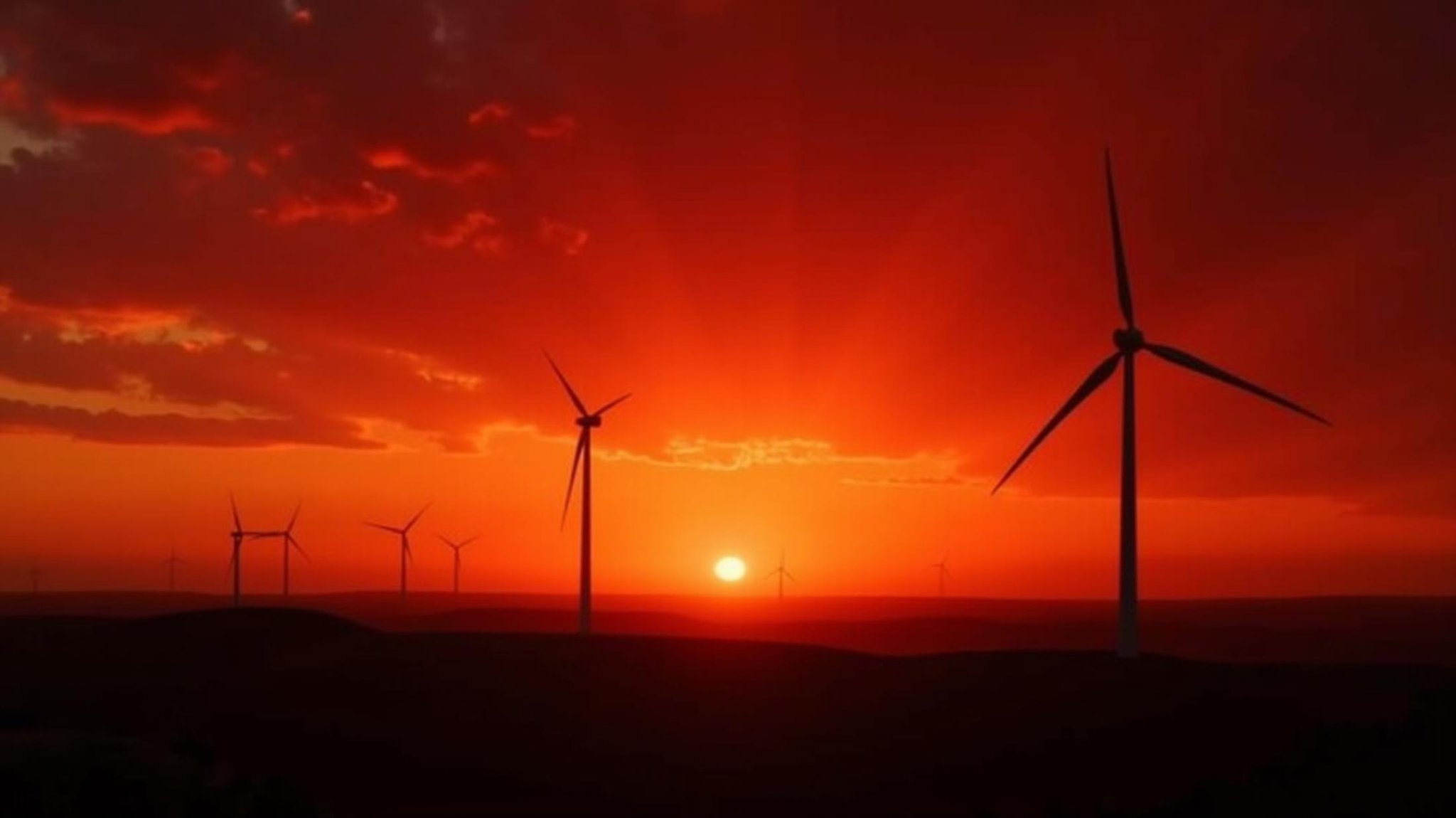 cinematic film still  <lora:deep focus style v1:1>In deep focus style an epic sunset with wind turbines in the distance, sharp, detailed background, cinematic style, f5.6, deep focus style, outdoors, sky, cloud, no humans, cloudy sky, scenery, sunset, silhouette, red theme, red sky, horizon, orange sky, wind turbine . shallow depth of field, vignette, highly detailed, high budget, bokeh, cinemascope, moody, epic, gorgeous, film grain, grainy