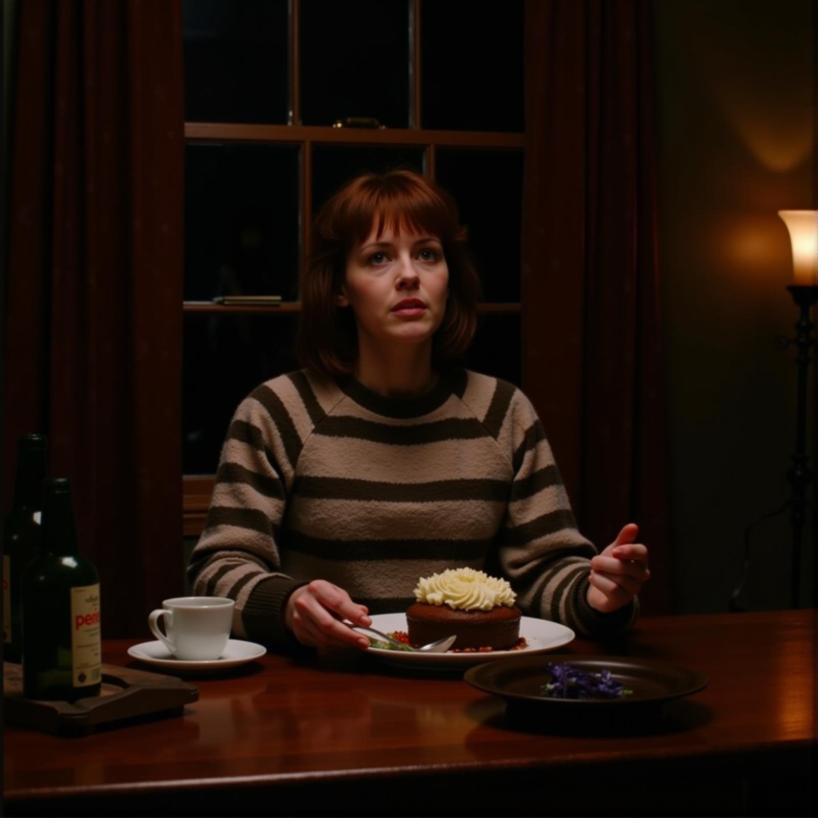 cinematic film still  <lora:deep focus style v1:1> (sharp edges), In deep focus style a short dark red hair woman sitting at a table with a plate of food, sharp, detailed background, cinematic style, f5.6, deep focus style, solo, brown hair, shirt, long sleeves, 1boy, male focus, food, striped, indoors, cup, window, night, bottle, curtains, plate, cake, striped shirt, fork, lamp, candle, dark, holding, sitting, traditional media, short hair, striped clothes, fire, cigarette, spoon, lighter, ashtray . shallow depth of field, vignette, highly detailed, high budget, bokeh, cinemascope, moody, epic, gorgeous, film grain, grainy