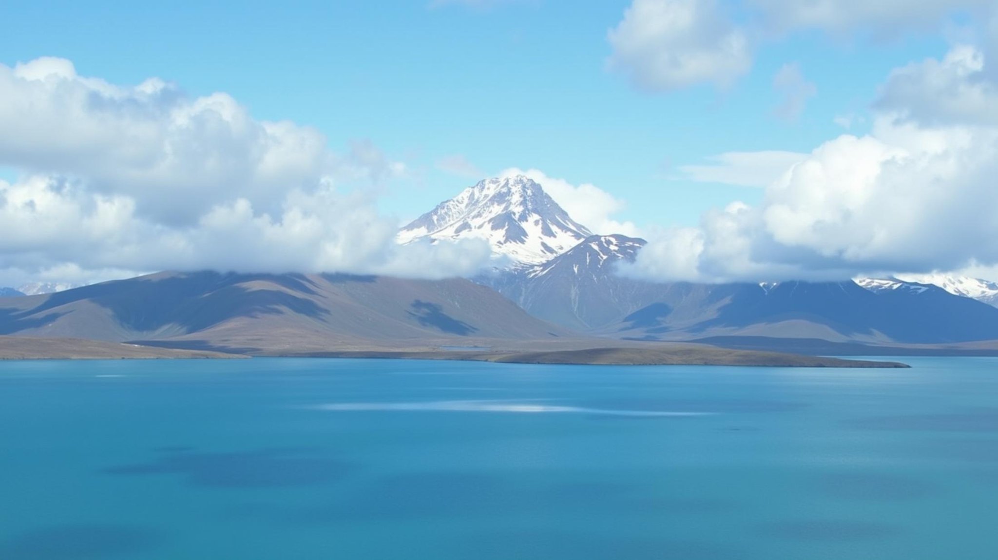 cinematic film still  <lora:deep focus style v1:1>In deep focus style a large light blue body of water with a frost mountain in the background and cloudy sky, sharp, detailed background, cinematic style, f5.6, deep focus style, outdoors, sky, day, cloud, water, blue sky, no humans, ocean, traditional media, cloudy sky, scenery, snow, mountain, landscape, mountainous horizon, lake, watercraft, boat, wide screen, sharp edges . shallow depth of field, vignette, highly detailed, high budget, bokeh, cinemascope, moody, epic, gorgeous, film grain, grainy