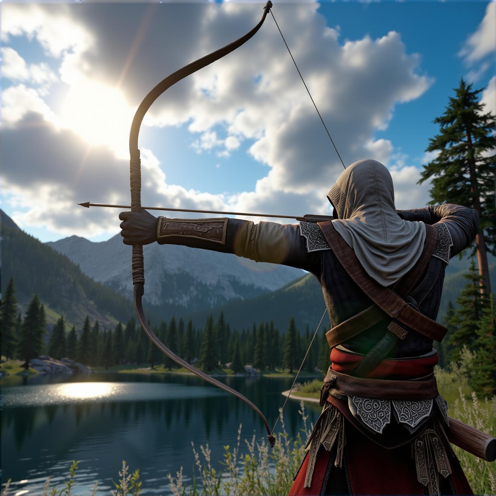 <lora:bow and arrow v1:1>Archery an hdr side view photo of a warrior hoodie man holding a bow and arrow in front of a lake in the afternoon, solo, gloves, 1boy, holding, weapon, male focus, outdoors, sky, cloud, hood, holding weapon, armor, tree, sunlight, helmet, cloudy sky, outstretched arms, nature, scenery, forest, bow (weapon), light rays, arrow (projectile), holding bow (weapon), quiver, holding arrow, drawing bow, bow to shoot arrows, perfect hands, detailed hands, detailed image, sharp image, perfection, different, side view, profile view, assassins creed, from behind, mountain, sun, aiming