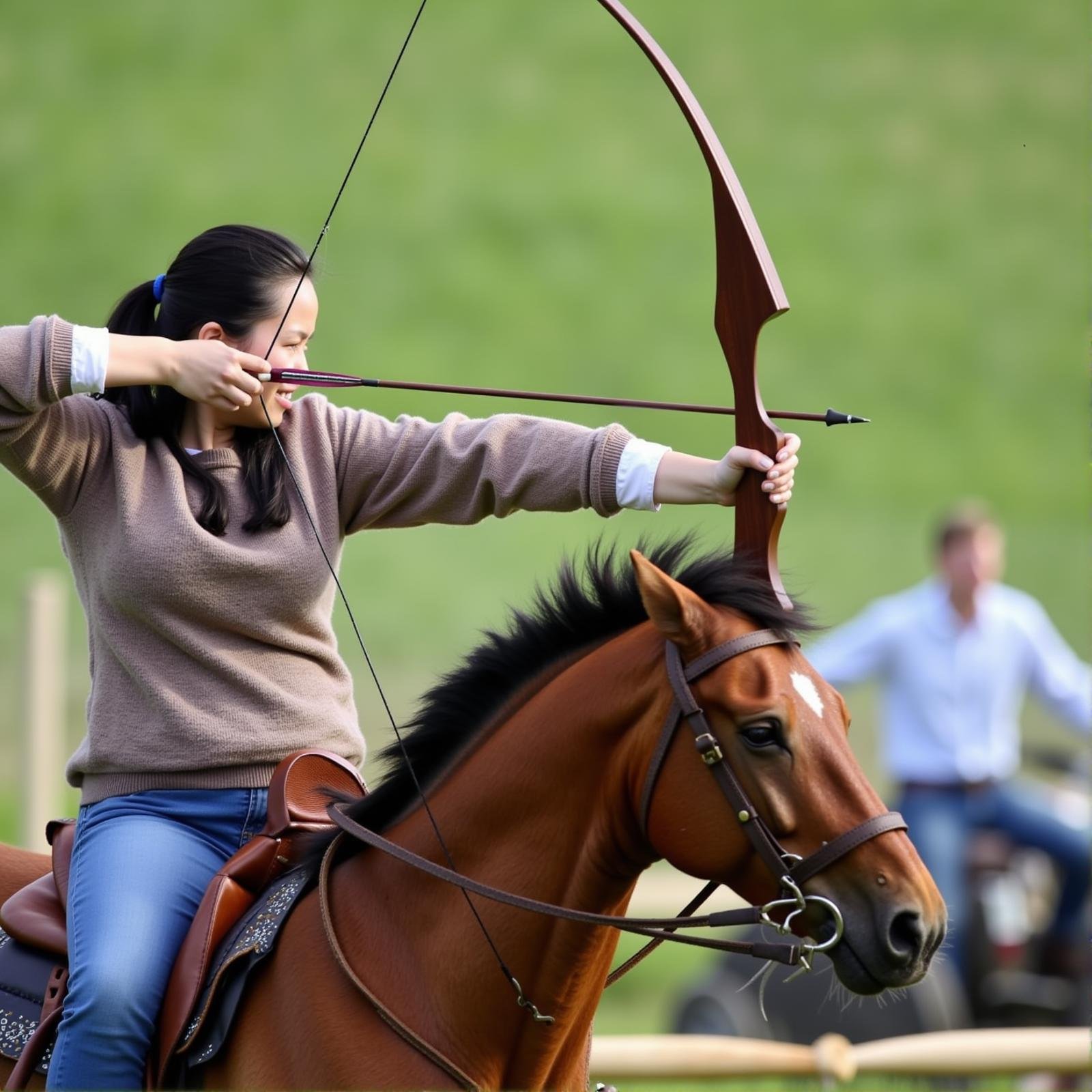 <lora:bow and arrow v1:1>Archery a woman is riding a horse while shooting with a bow and arrow, 1girl, solo, black hair, holding, weapon, outdoors, holding weapon, blurry, outstretched arm, bow (weapon), arrow (projectile), riding, horse, holding bow (weapon), aiming, horseback riding, drawing bow, archery, bow to shoot arrows, perfect hands, detailed hands, detailed image, sharp image, perfection, different, brown hair, 1boy, blurry background, motor vehicle, realistic, photo background