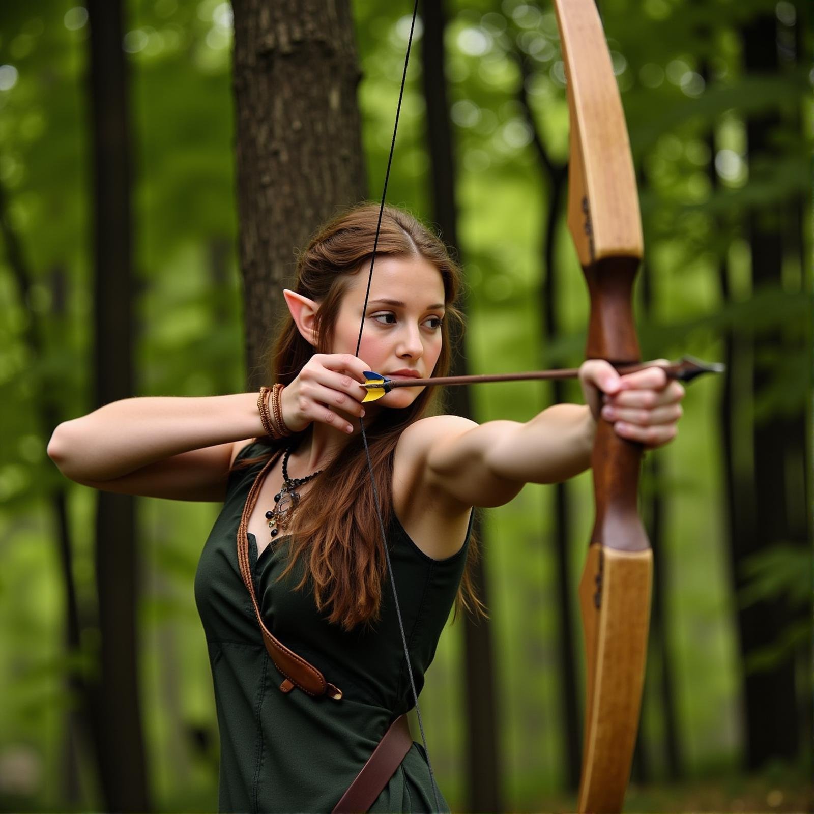 <lora:bow and arrow v1:1>Archery a side view of an elf woman is aiming a bow and arrow in the woods, 1girl, solo, long hair, brown hair, holding, jewelry, weapon, outdoors, pointy ears, holding weapon, tree, nature, forest, bow (weapon), realistic, arrow (projectile), holding bow (weapon), aiming, photo background, holding arrow, drawing bow, archery, bow to shoot arrows, perfect hands, detailed hands, detailed image, sharp image, perfection, different, gloves, closed mouth, upper body, braid, sleeveless, sarashi