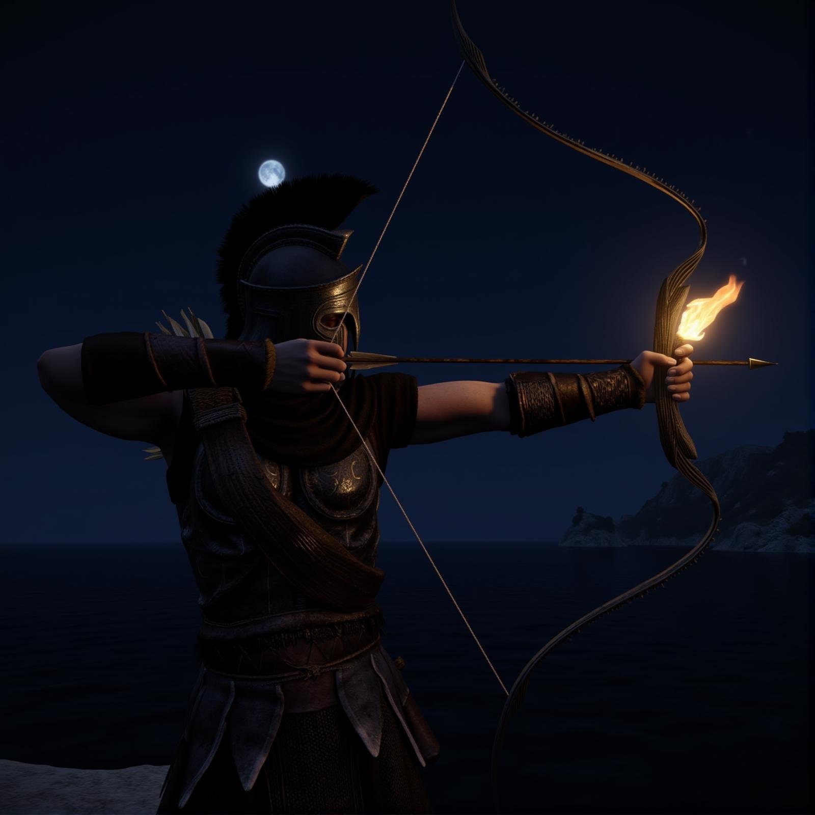 <lora:bow and arrow v1:1>Archery a side view of a spartan warrior man in a helmet holding a bow and arrow on fire at night, solo, gloves, 1boy, holding, weapon, male focus, outdoors, water, holding weapon, armor, night, ocean, helmet, outstretched arm, shoulder armor, pauldrons, bow (weapon), arrow (projectile), watercraft, holding bow (weapon), quiver, ship, aiming, drawing bow, bow to shoot arrows, perfect hands, detailed hands, detailed image, sharp image, perfection, different, spartan Armour, sky, from side, moon, scenery, plume