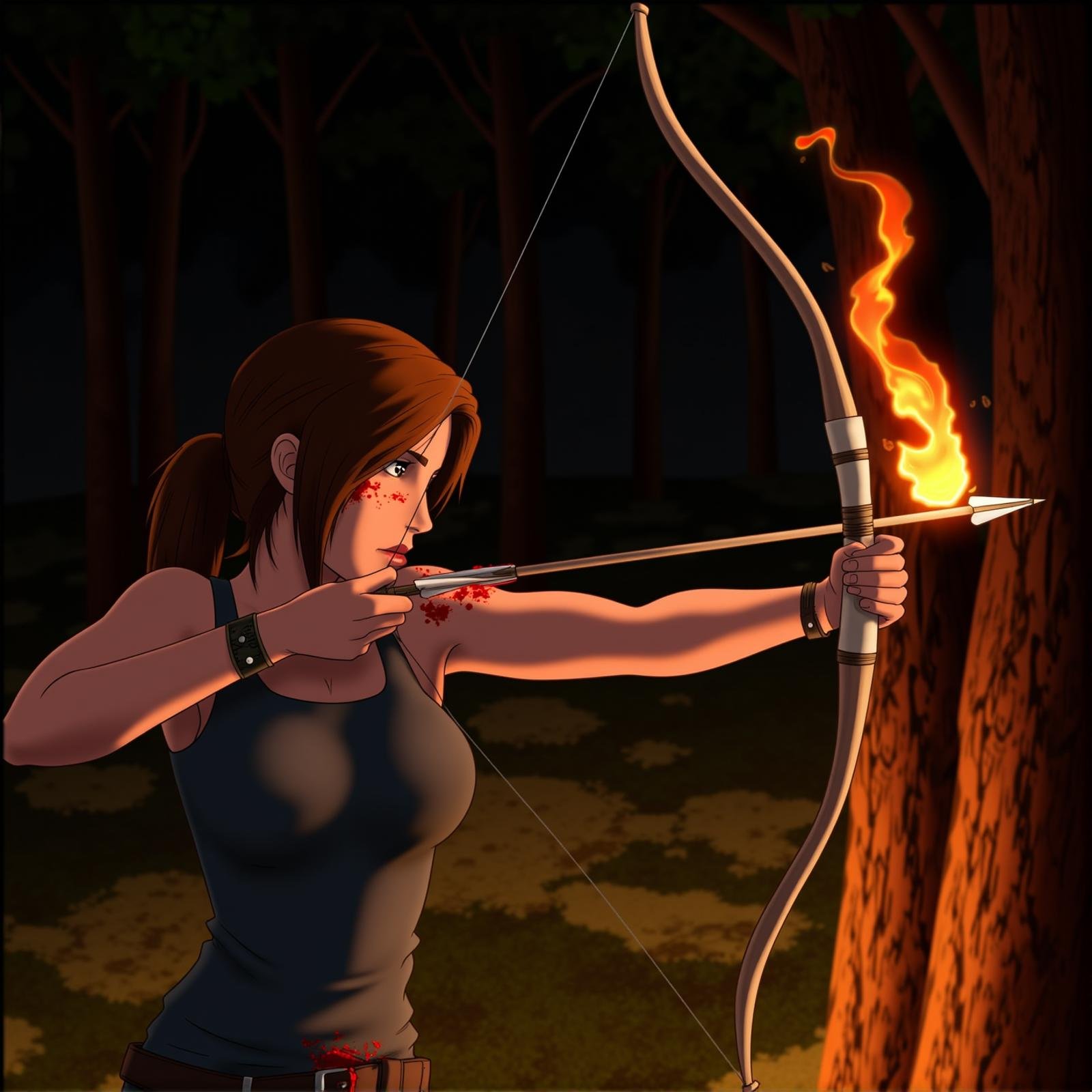 <lora:bow and arrow v1:1>Archery a side view of a cartoon lara croft a woman aiming a bow and arrow on fire in a forest, 1girl, solo, long hair, brown hair, gloves, brown eyes, ponytail, weapon, holding weapon, tree, blood, fire, nature, forest, watch, bow (weapon), blood on face, arrow (projectile), wristwatch, blood on clothes, holding bow (weapon), aiming, drawing bow, bow to shoot arrows, perfect hands, detailed hands, detailed image, sharp image, perfection, different, tomb raider, holding, night, tank top, holding arrow