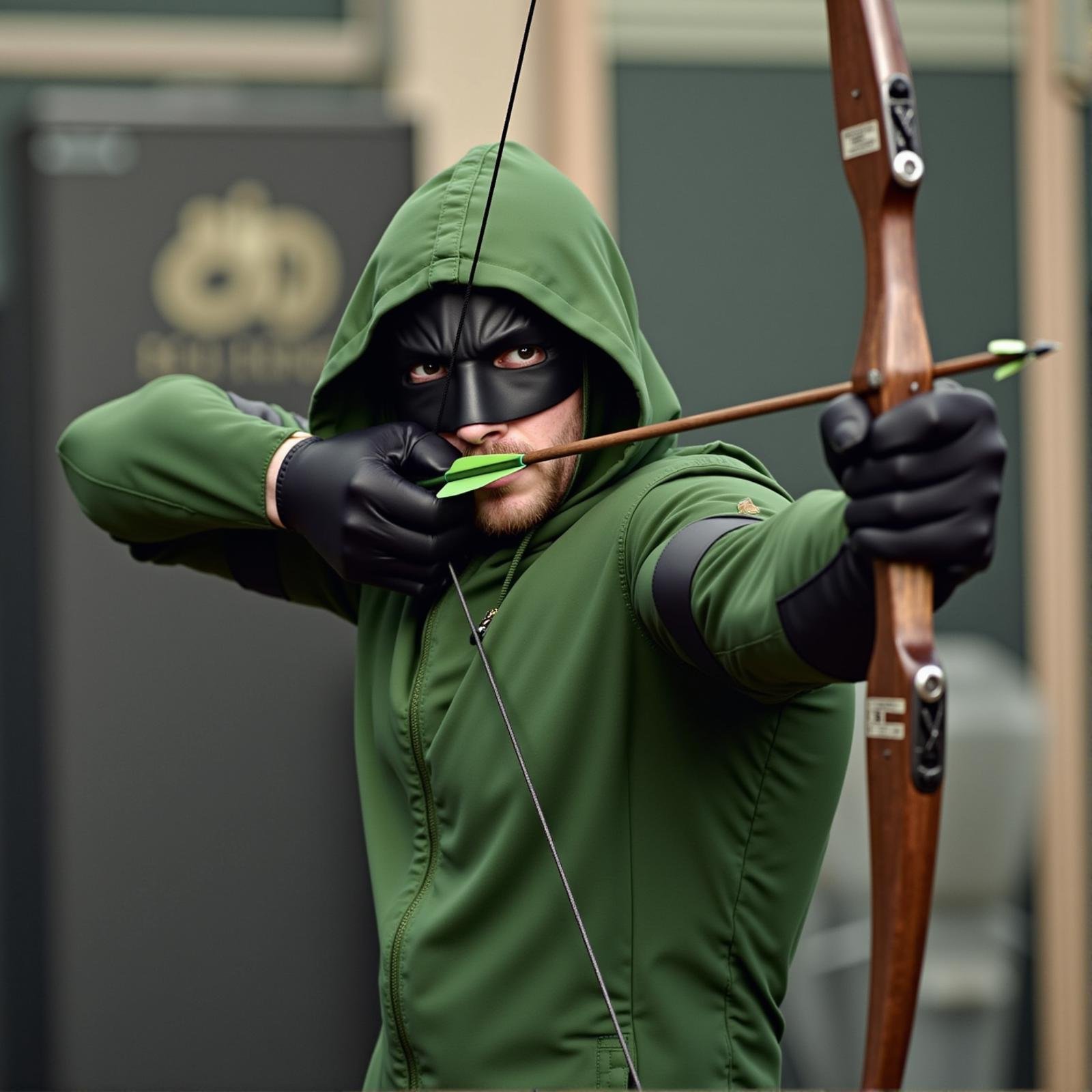 <lora:bow and arrow v1:1>Archery a man in a green hoodie pointing a bow and arrow, solo, looking at viewer, black hair, gloves, 1boy, holding, closed mouth, jacket, upper body, weapon, male focus, black gloves, hood, holding weapon, blurry, mask, muscular, blurry background, facial hair, beard, hood up, bow (weapon), arrow (projectile), holding bow (weapon), domino mask, holding arrow, bow to shoot arrows, perfect hands, detailed hands, detailed image, sharp image, perfection, different, green arrow, aiming, drawing bow