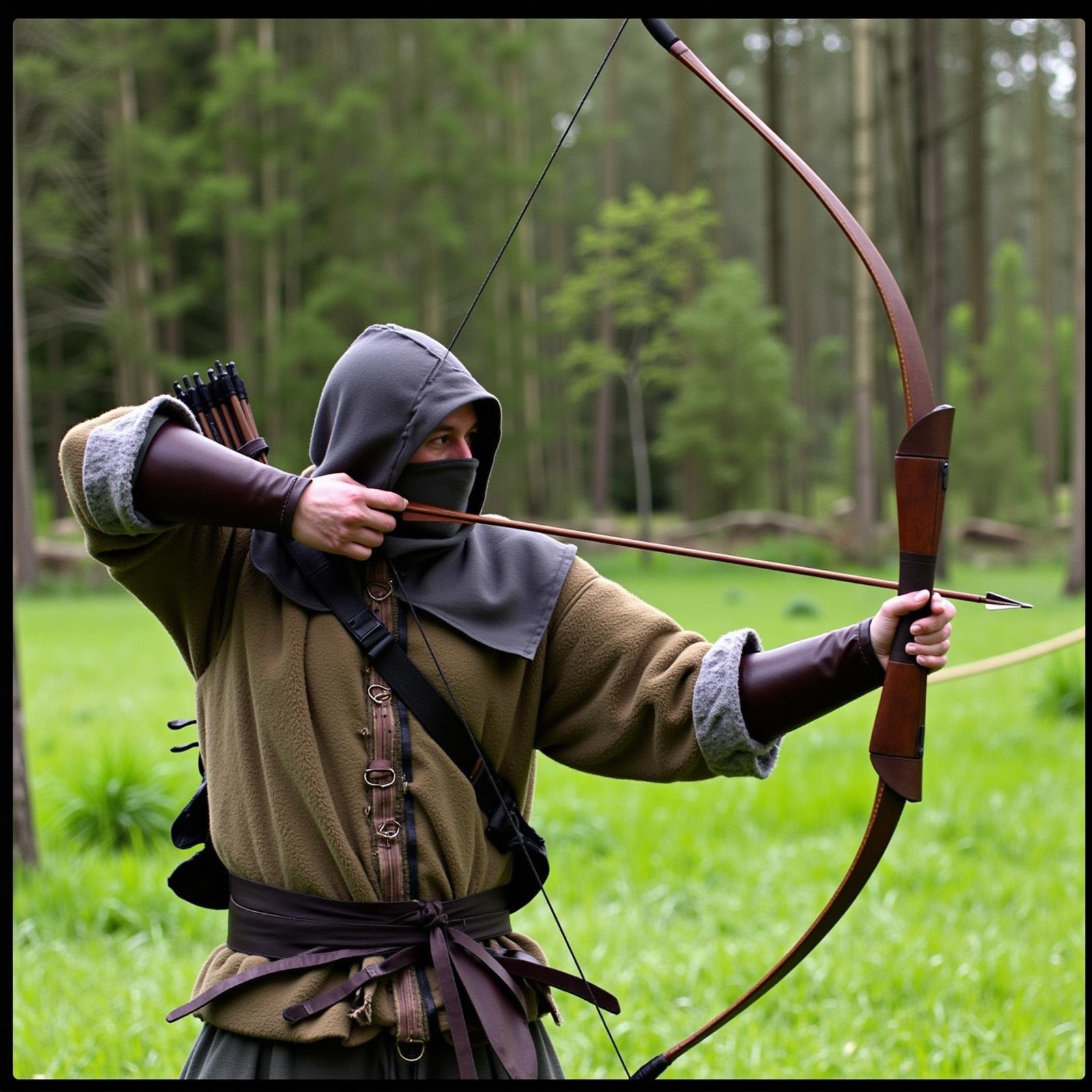 <lora:bow and arrow v1:1>Archery a side view of a man in a hoodie is holding a bow and arrow, solo, 1boy, holding, standing, weapon, male focus, outdoors, day, belt, hood, holding weapon, armor, tree, border, grass, sheath, nature, hood up, forest, bow (weapon), arrow (projectile), vambraces, black border, holding bow (weapon), quiver, aiming, holding arrow, covered face, drawing bow, archery, bow to shoot arrows, perfect hands, detailed hands, detailed image, sharp image, perfection, different, side view, profile view, middle ages, medieval