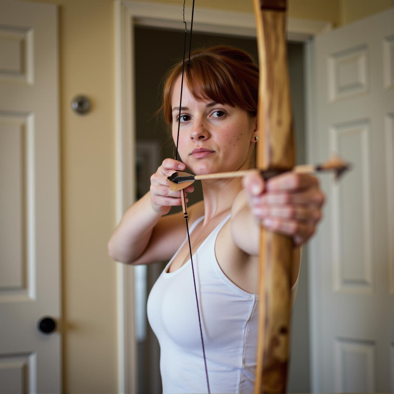 <lora:bow and arrow v1:1>Archery a woman aiming with a bow and arrow in a room at camera, solo, looking at viewer, brown hair, 1boy, holding, closed mouth, upper body, ponytail, weapon, male focus, holding weapon, blurry, tank top, bow (weapon), realistic, door, arrow (projectile), white tank top, holding bow (weapon), aiming, aiming at viewer, holding arrow, drawing bow, bow to shoot arrows, perfect hands, detailed hands, detailed image, sharp image, perfection, different, indoors, photorealistic