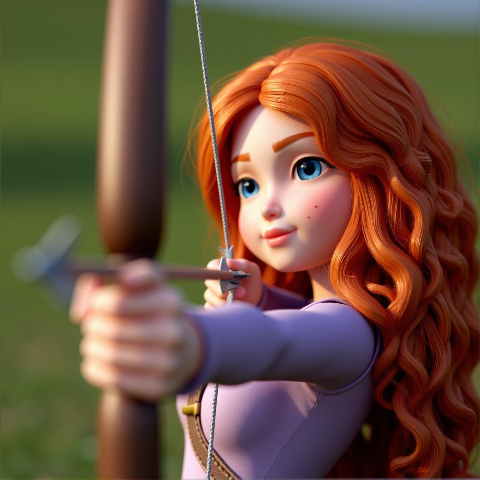 <lora:bow and arrow v1:1>Archery a closeup of a doll face woman with red hair holding a bow and arrow, 1girl, solo, long hair, blue eyes, long sleeves, holding, weapon, red hair, parted lips, holding weapon, orange hair, blurry, depth of field, blurry background, wavy hair, freckles, bow (weapon), blurry foreground, arrow (projectile), holding bow (weapon), aiming, drawing bow, bow to shoot arrows, perfect hands, detailed hands, detailed image, sharp image, perfection, different, closeup, curly hair, holding arrow