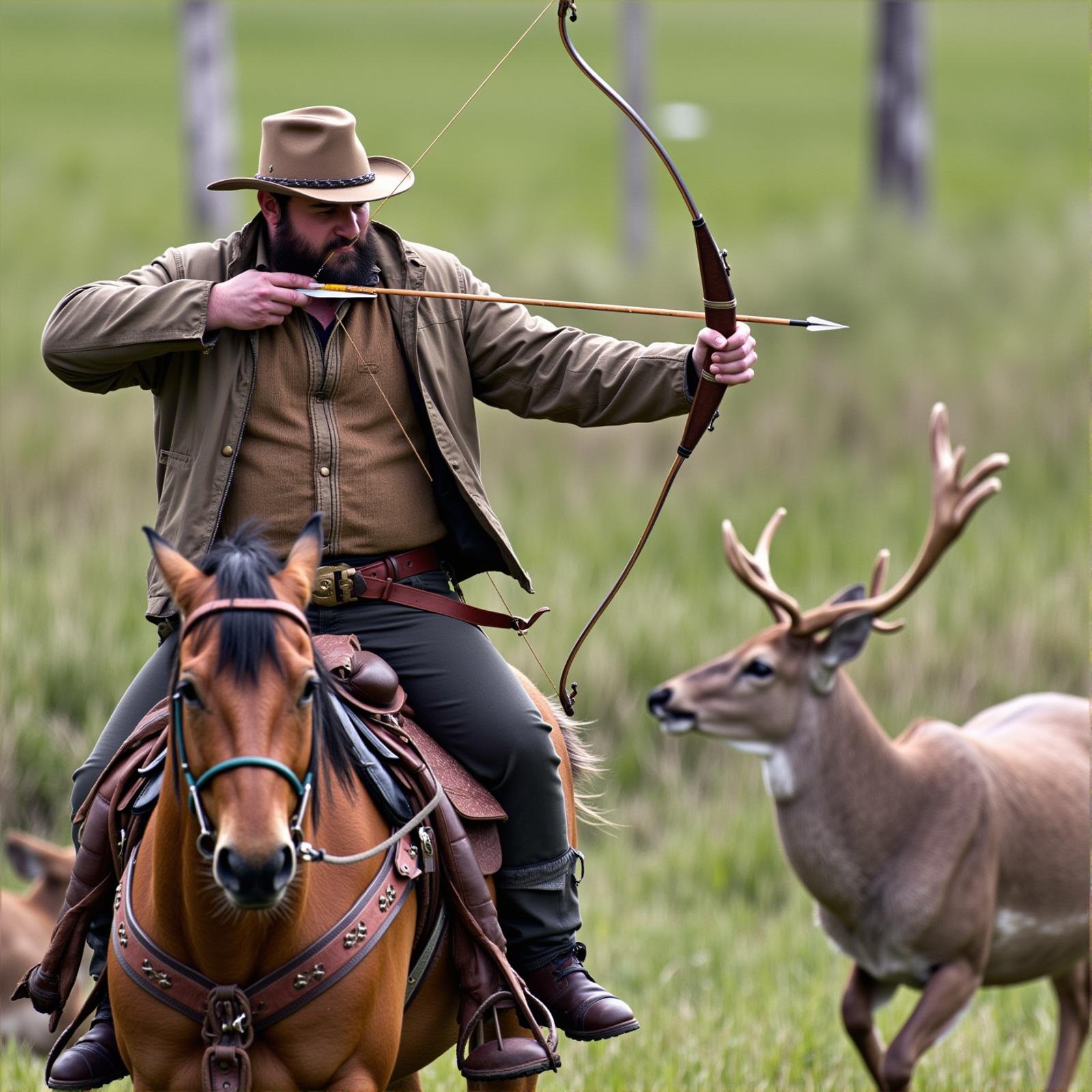 <lora:bow and arrow v1:1>Archery a cowboy man is riding horse while hunting a deer with bow and arrow, solo, shirt, 1boy, hat, holding, jacket, weapon, male focus, outdoors, day, belt, pants, holding weapon, blurry, tree, gun, facial hair, animal, black pants, holding gun, nature, beard, bow (weapon), arrow (projectile), riding, horse, revolver, aiming, photo background, horseback riding, reins, saddle, bow to shoot arrows, perfect hands, detailed hands, detailed image, sharp image, perfection, different, hunting deer, deer hunter, wild west, long sleeves, boots, black footwear, vest, blurry background, rifle, brown jacket, brown belt, brown vest, cowboy hat, cowboy western, cowboy boots