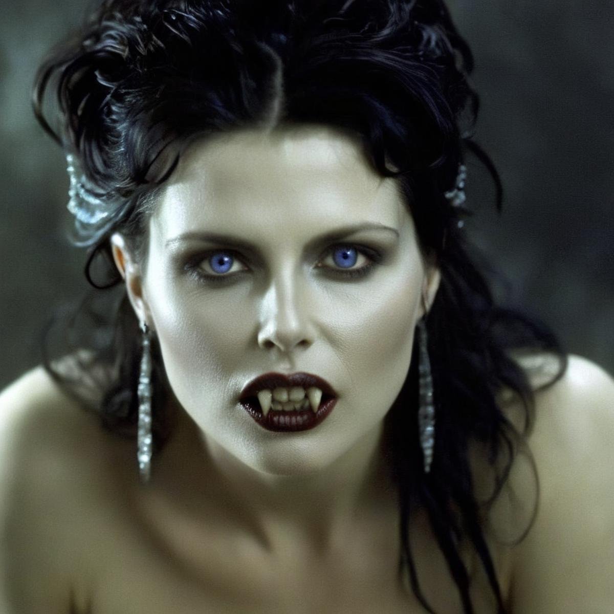 Dark Fantasy Art of Diffused Light fill lightSadie Frost <lora:vampire fangs teeth:1> vampire fangs teethan epic beauty goddess goldeyes vampire woman with (vampire fangs teeth) with a creepy face and a creepy hair and naked breasts naked nipples naked body vampire style <lora:Female Vampire:0.8>, dark, moody, dark fantasy style