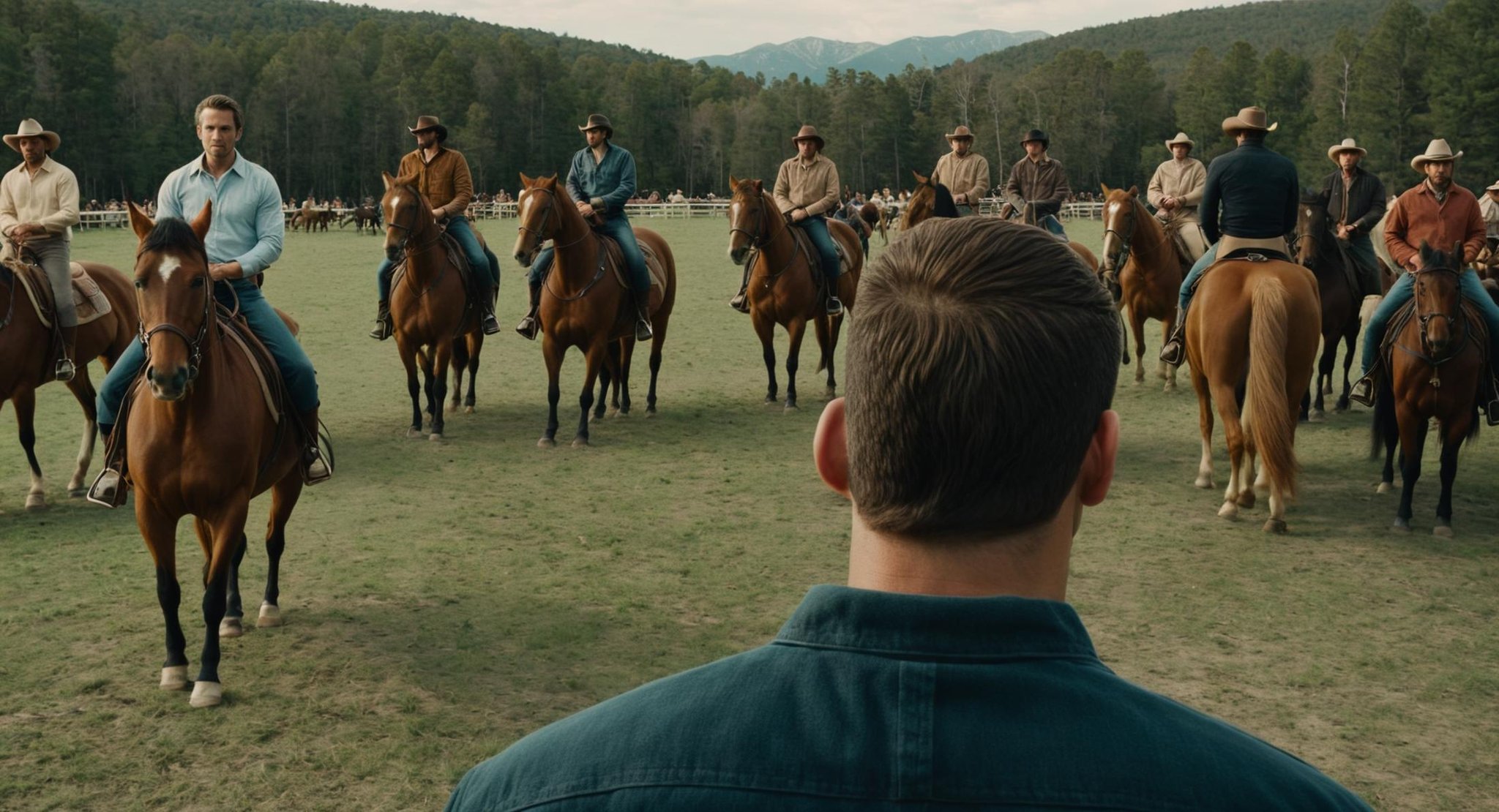 cinematic film still of  <lora:Split Diopter style:1>Split image focus of a man's back at the left looking at a group of people riding horses far away,Split Diopter style, shallow depth of field, vignette, highly detailed, high budget, bokeh, cinemascope, moody, epic, gorgeous, film grain, grainy