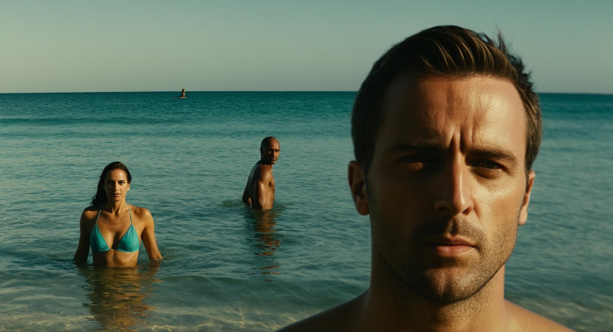 cinematic film still of  <lora:Split Diopter style:1>Split image focus of closeup of a man is standing on beach behind the water with a a woman swimming in background,Split Diopter styl, shallow depth of field, vignette, highly detailed, high budget, bokeh, cinemascope, moody, epic, gorgeous, film grain, grainy