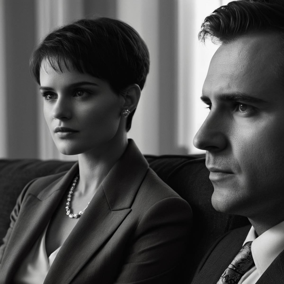 cinematic film still of  <lora:Split Diopter style:1>Split image focus of closeup of a man looking at something next to a woman sitting on a couch,Split Diopter style,1girl,short hair,shirt,1boy,dress,holding,jewelry,sitting,monochrome,greyscale,necktie,collared shirt,indoors,window,formal,suit,lamp,very short hair,nearsighted,farsighted,split,split focus,focus,sharp focus,deep focus,Split focus,split screen , artistic, Kodak, dramatic light, dramatic shadow light, contrast, saturated color, cinematic, filmic, motion picture, realistic, realism, perfection, perfect, deep focus, clean image, wide screen, detailed image, cinematic, deep space composition, shallow depth of field, vignette, highly detailed, high budget, bokeh, cinemascope, moody, epic, gorgeous, film grain, grainy