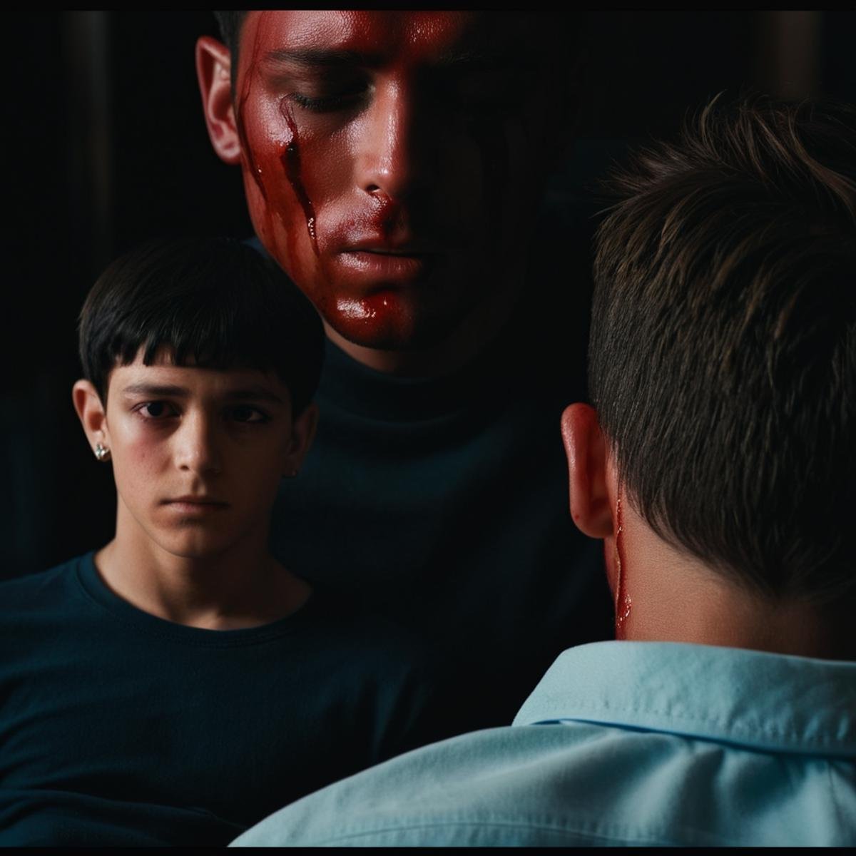 cinematic film still of  <lora:Split Diopter style:1>Split image focus of closeup of a man's back head on the right looking to a man laying on the ground with a bloody face looking at camera to the left,Split Diopter style,short hair,shirt,black hair,long sleeves,1boy,jewelry,closed eyes,male focus,earrings,lying,multiple boys,indoors,2boys,blood,on side,blood on face,nearsighted,farsighted,split,split focus,focus,sharp focus,deep focus,Split focus,split screen , artistic, Kodak, dramatic light, dramatic shadow light, contrast, saturated color, cinematic, filmic, motion picture, realistic, realism, perfection, perfect, deep focus, clean image, wide screen, detailed image, wide screen, detailed image, cinematic, deep space composition, shallow depth of field, vignette, highly detailed, high budget, bokeh, cinemascope, moody, epic, gorgeous, film grain, grainy