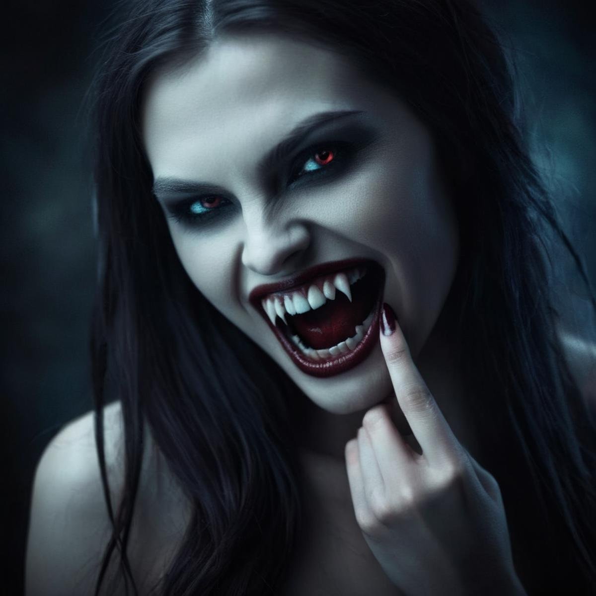 Dark Fantasy Art of  <lora:64_vampire fangs teeth:1> Cinematic Film Looka woman with a very big smile on her face with vampire's teeth vampire fangs teeth, dark, moody, dark fantasy style