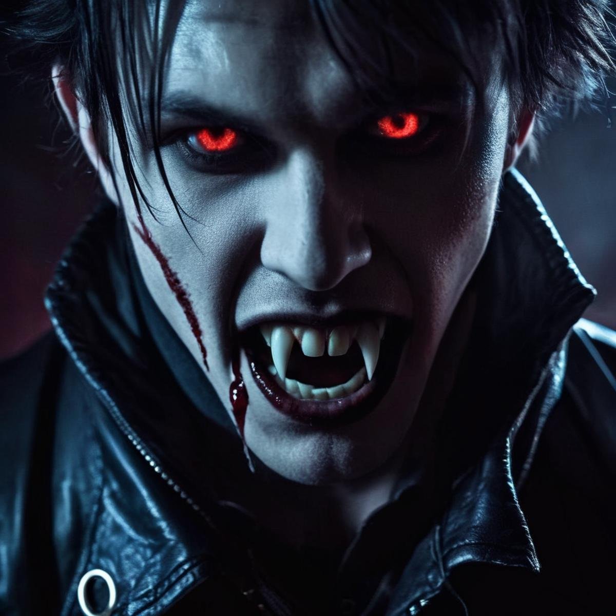 Dark Fantasy Art of  <lora:64_vampire fangs teeth:1> Cinematic Film Looka man with a vampire's teeth and a leather jacket vampire fangs teeth, dark, moody, dark fantasy style