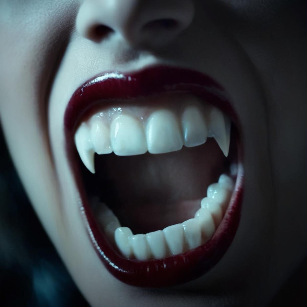 cinematic film still of  <lora:64_vampire fangs teeth:1> vampire fangs teeth Cinematic Film Looka vampire woman with teeth open cinematic vampire fangs teeth, shallow depth of field, vignette, highly detailed, high budget, bokeh, cinemascope, moody, epic, gorgeous, film grain, grainy