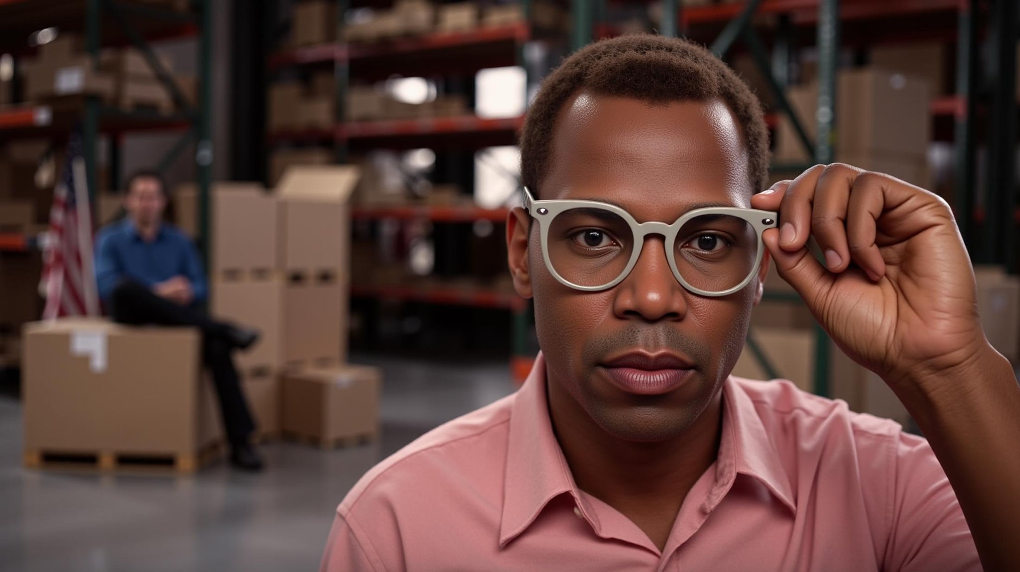 professional 3d model  <lora:hand v1:0.8> <lora:skin texture style v1:0.5> <lora:Split Diopter v1:1>In Split Diopter style, Split image focus of a closeup of a black man in glasses is holding glasses with another man in background in a storage warehouse, Split Diopter style, brown hair, shirt, 1boy, sitting, male focus, multiple boys, glasses, indoors, dark skin, 2boys, sunglasses, dark-skinned male, realistic, bald, nearsighted, farsighted, split, split focus, focus, sharp focus, deep focus, Split focus, split screen, artistic, Kodak, dramatic light, dramatic shadow light, contrast, saturated color, cinematic, filmic, motion picture, realistic, realism, perfection, perfect, deep focus, clean image, wide screen, detailed image, cinematic, deep space composition, black hair, holding, pants, facial hair, black pants, pink shirt . octane render, highly detailed, volumetric, dramatic lighting