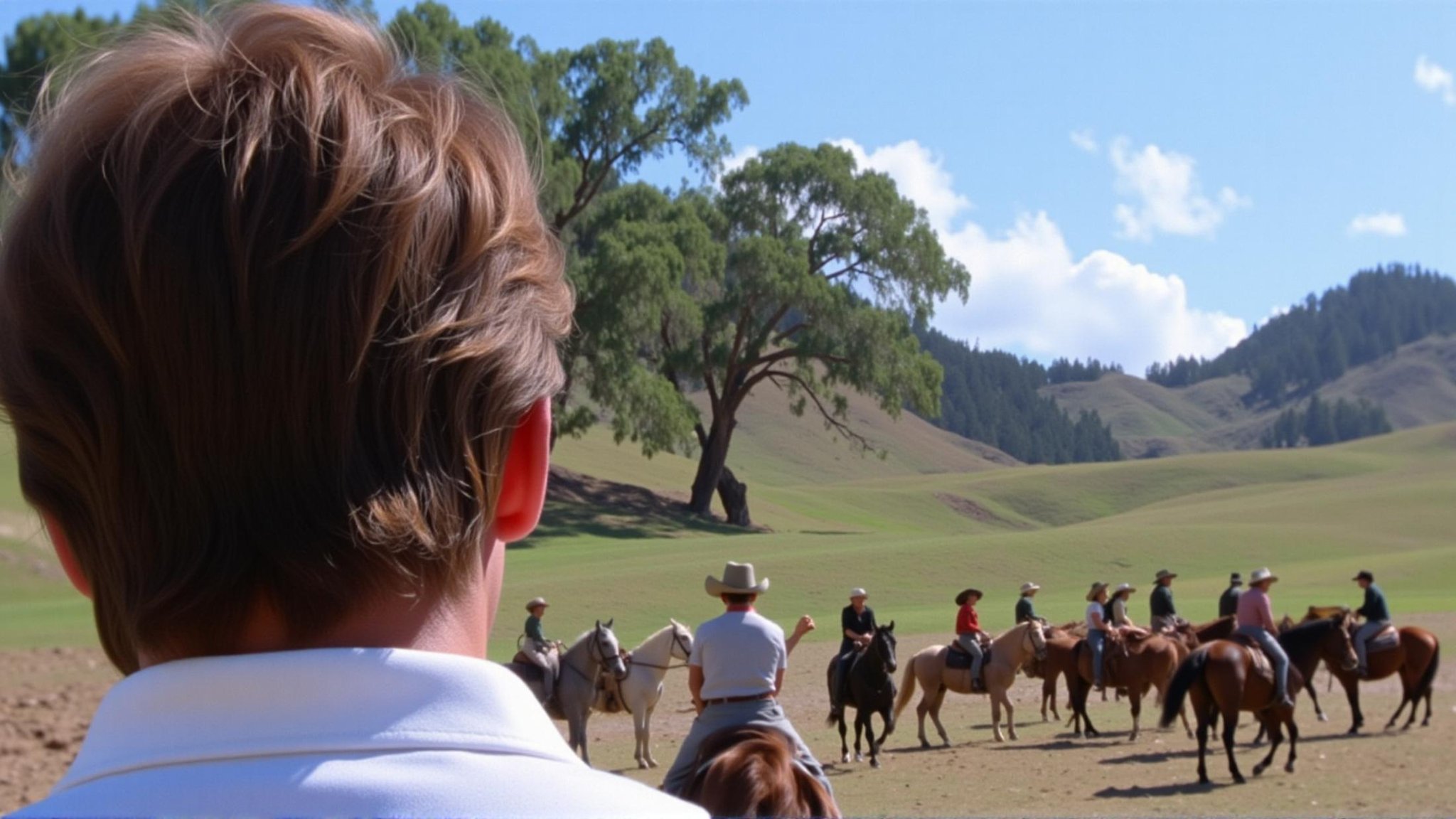 <lora:Split Diopter v1:1> <lora:deep focus style v1:1> <lora:skin texture style v1:0.5>In Split Diopter style, Split image focus of a man's back at the left looking at a group of people riding horses far away, Split Diopter style, short hair, multiple girls, brown hair, shirt, black hair, white shirt, upper body, male focus, outdoors, multiple boys, sky, cloud, from behind, blurry, tree, grass, nature, field, eren yeager, nearsighted, farsighted, split, split focus, focus, sharp focus, deep focus, Split focus, split screen, artistic, Kodak, dramatic light, dramatic shadow light, contrast, saturated color, cinematic, filmic, motion picture, realistic, realism, perfection, perfect, deep focus, clean image, wide screen, detailed image, cinematic, deep space composition, day, scenery