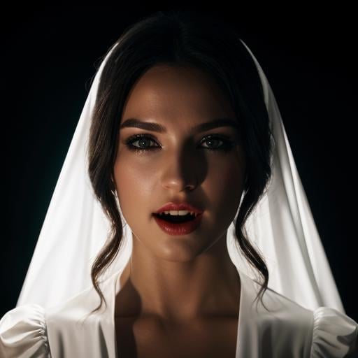 UHD, 4k, ultra detailed, cinematic, a photograph of  <lora:vampire fangs teeth 1.5:1.2>a woman with a white dress and a white vampire's teeth vampire fangs teeth, epic, beautiful lighting, inpsiring