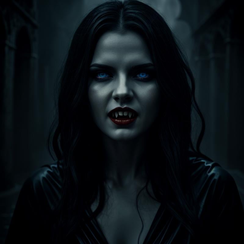 Dark Fantasy Art of  <lora:vampire fangs teeth v2 SD1.5:1.2>  Vampire Fangs TeethFemale Vampire a wet woman with blue eyes is screaming with Vampire Fangs Teeth at night in rain while staring at camera, dark, moody, dark fantasy style