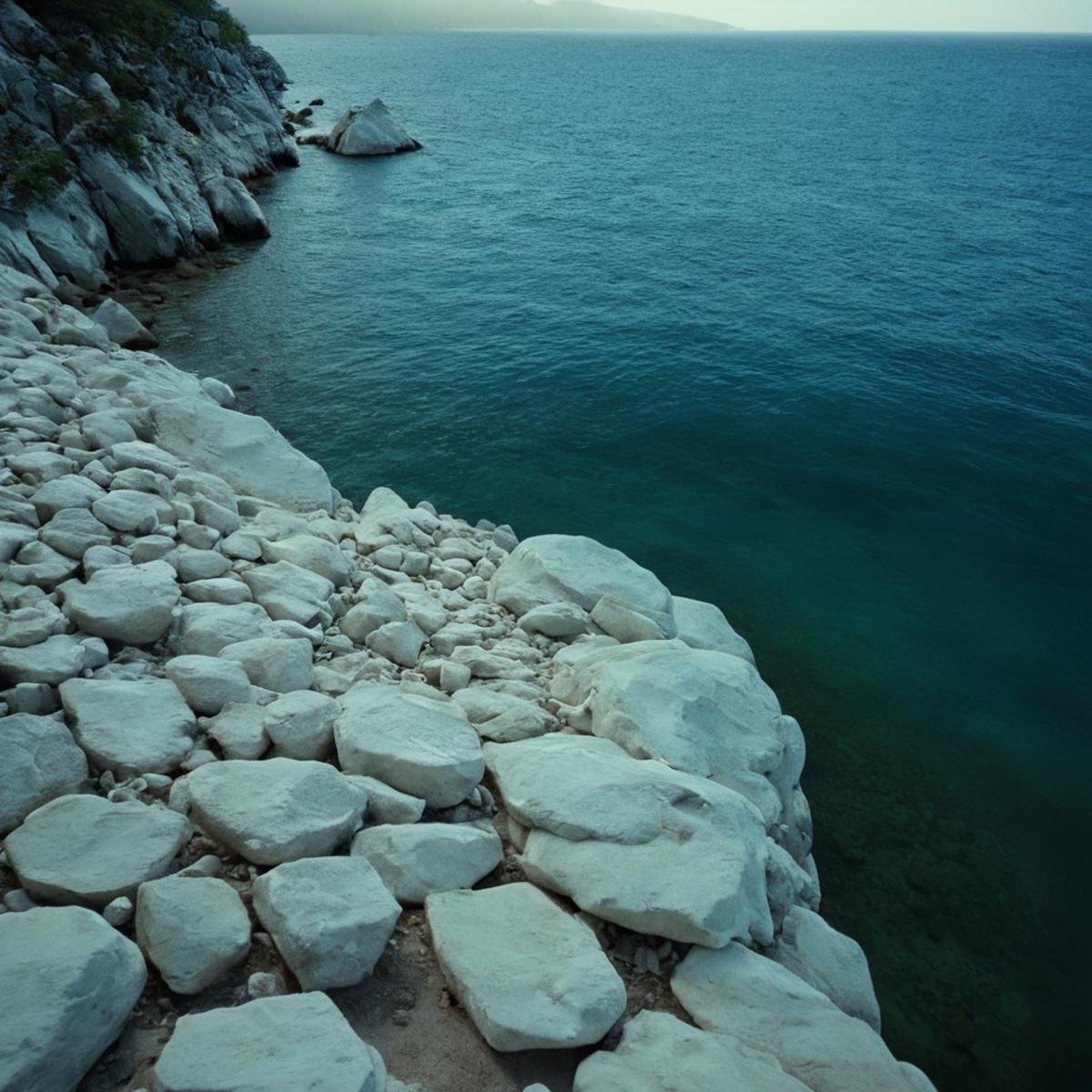 cinematic film still of  <lora:Ron Fricke style:1>a view of a body of water with a lot of white rocks,outdoors,day,water,no humans,ocean,scenery,blue theme,underwater , realistic, realism, movie still, film grain, kodak film, film contrast, film color, cinematography, documentary, photography, 70 mm film, 65 mm film, Todd-AO, Todd-AO 35, 8K resolution, Ron Fricke film director style, Ron Fricke film directing style, Ron Fricke style, shallow depth of field, vignette, highly detailed, high budget, bokeh, cinemascope, moody, epic, gorgeous, film grain, grainy