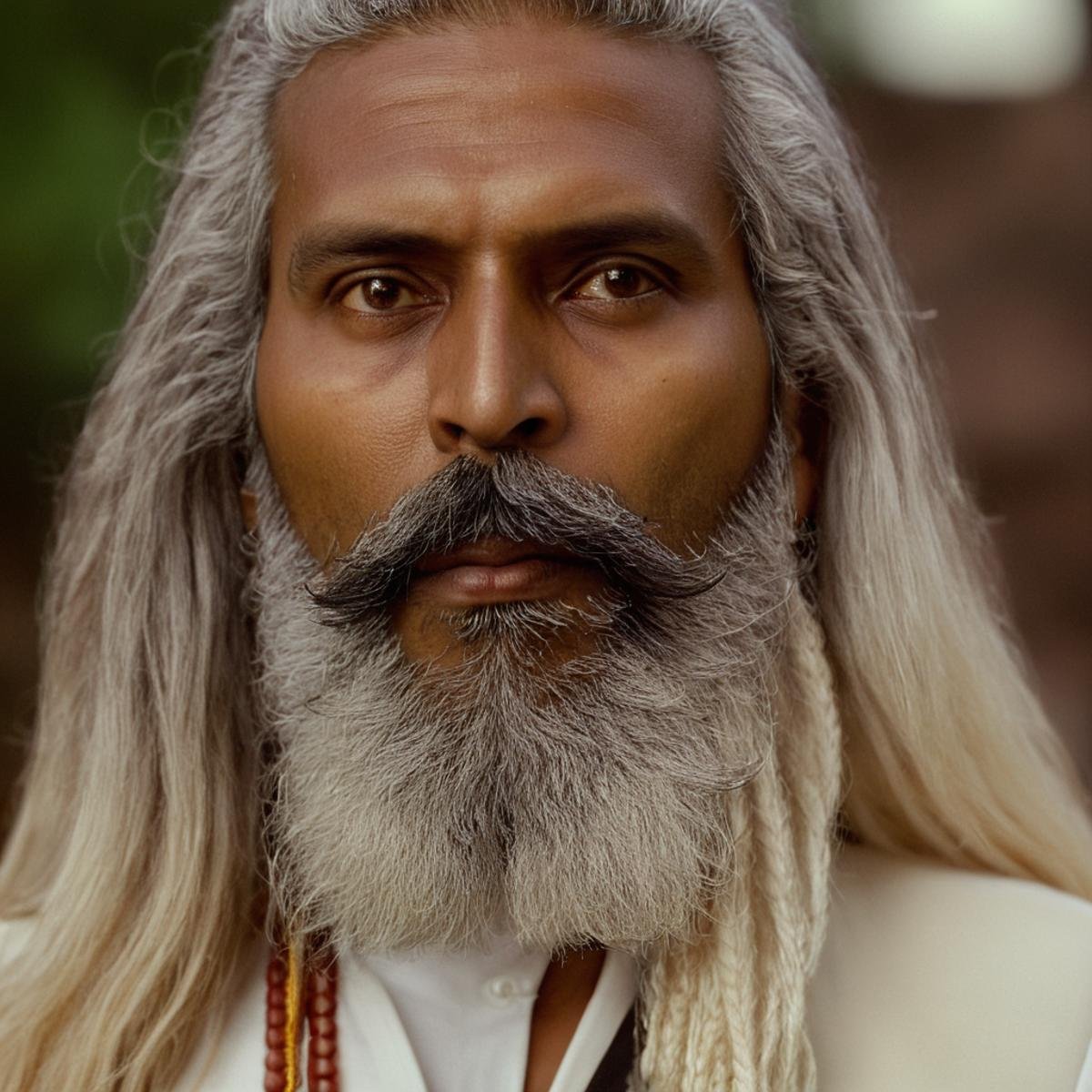 cinematic film still of  <lora:Ron Fricke style:1>an indian man with a long beard and a white beard,solo,looking at viewer,1boy,brown eyes,white hair,male focus,blurry,blurry background,facial hair,portrait,beard,realistic,mustache,old,old man , realistic, realism, movie still, film grain, kodak film, film contrast, film color, cinematography, documentary, photography, 70 mm film, 65 mm film, Todd-AO, Todd-AO 35, 8K resolution, Ron Fricke film director style, Ron Fricke film directing style, Ron Fricke style, shallow depth of field, vignette, highly detailed, high budget, bokeh, cinemascope, moody, epic, gorgeous, film grain, grainy