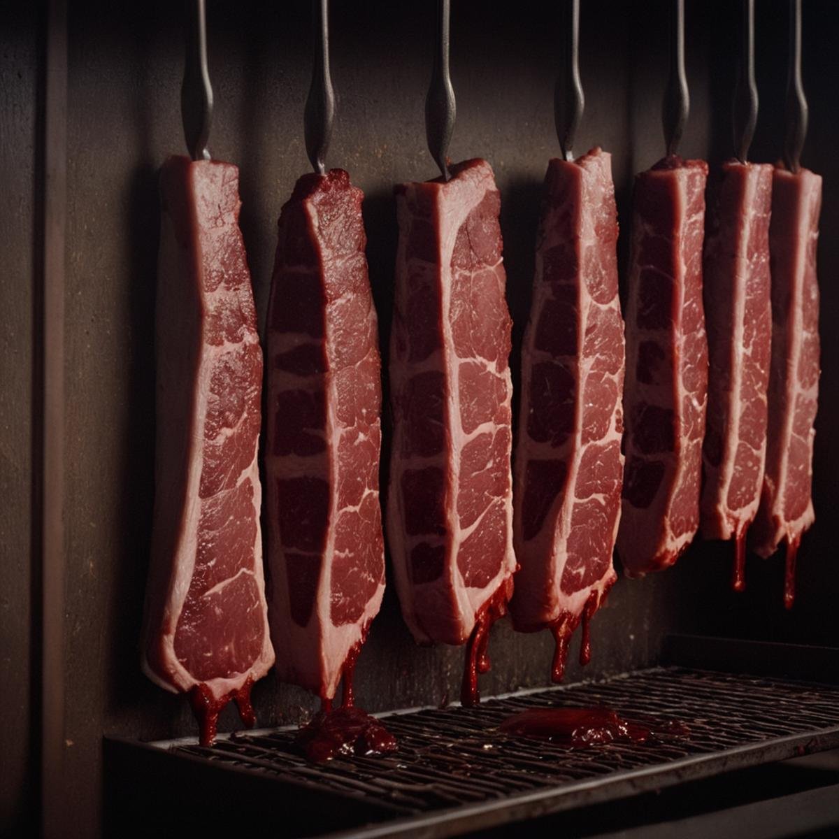 cinematic film still of  <lora:Ron Fricke style:1>a bunch of meat hanging from a rack,holding,blurry,blood,knife,holding knife,blood on hands , realistic, realism, movie still, film grain, kodak film, film contrast, film color, cinematography, documentary, photography, 70 mm film, 65 mm film, Todd-AO, Todd-AO 35, 8K resolution, Ron Fricke film director style, Ron Fricke film directing style, Ron Fricke style, shallow depth of field, vignette, highly detailed, high budget, bokeh, cinemascope, moody, epic, gorgeous, film grain, grainy