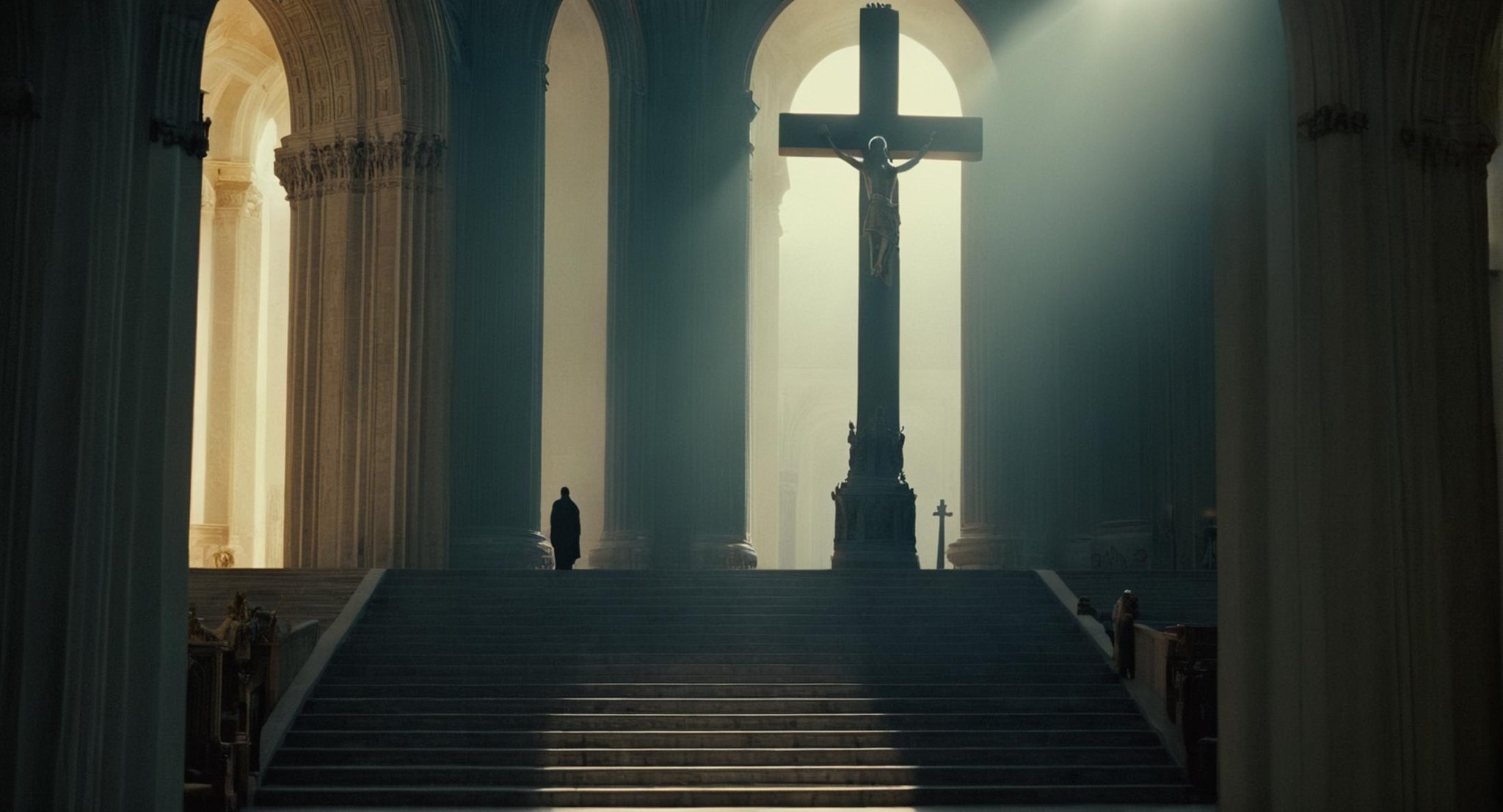 cinematic film still of  <lora:Ron Fricke style:1>a large cathedral with a statue of a person on a cross,indoors,no humans,window,sunlight,scenery,stairs,door,light,architecture,pillar,statue,arch,column , realistic, realism, movie still, film grain, kodak film, film contrast, film color, cinematography, documentary, photography, 70 mm film, 65 mm film, Todd-AO, Todd-AO 35, 8K resolution, Ron Fricke film director style, Ron Fricke film directing style, Ron Fricke style, shallow depth of field, vignette, highly detailed, high budget, bokeh, cinemascope, moody, epic, gorgeous, film grain, grainy