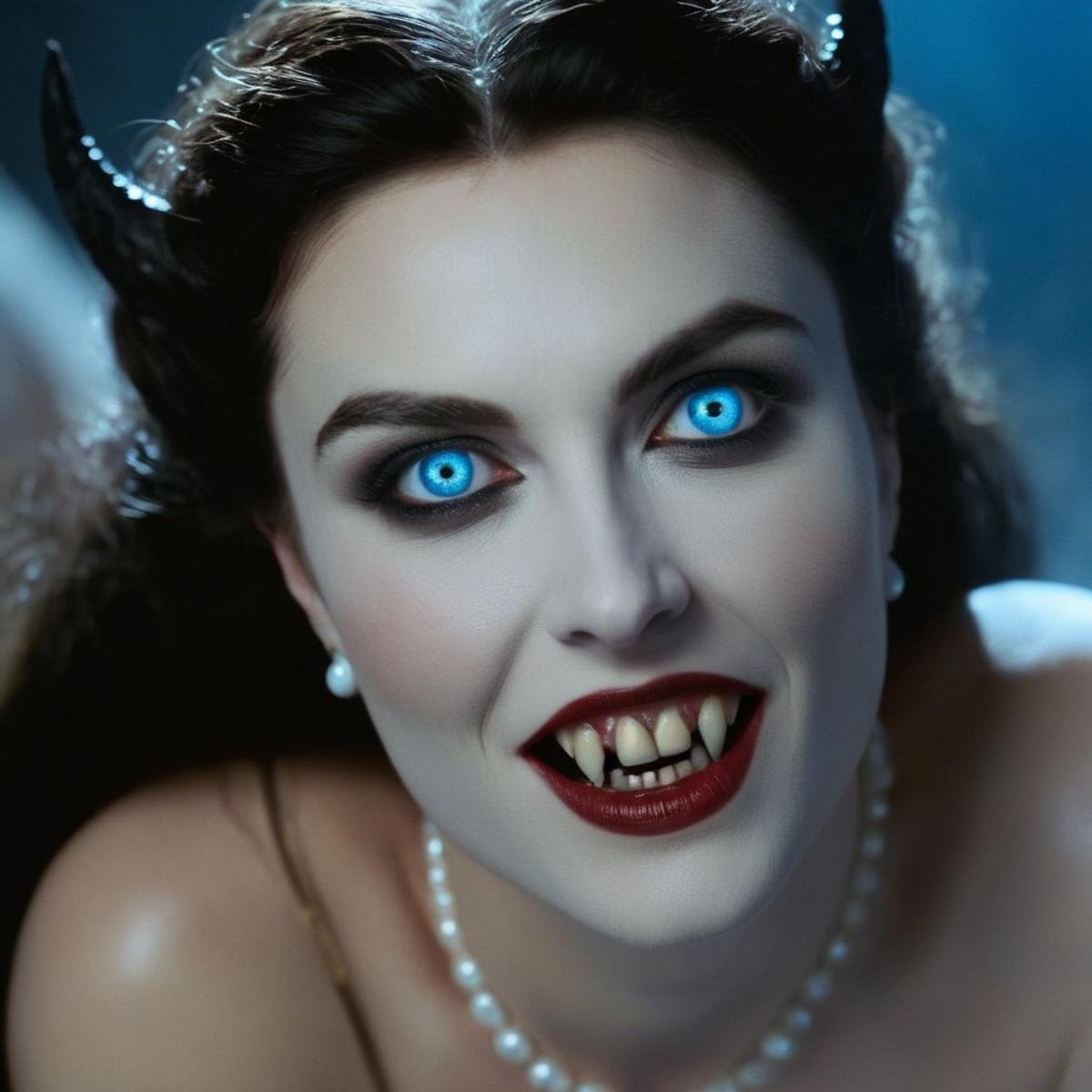 cinematic film still of  <lora:vampire fangs teeth 2:1.2>Gorgons in Greek mythology Frank Frazetta painting of a gothic Female Vampire woman with a very big smile on her face and Vampire Fangs Teeth staring at camera with reflective blue eyes, shallow depth of field, vignette, highly detailed, high budget, bokeh, cinemascope, moody, epic, gorgeous, film grain, grainy